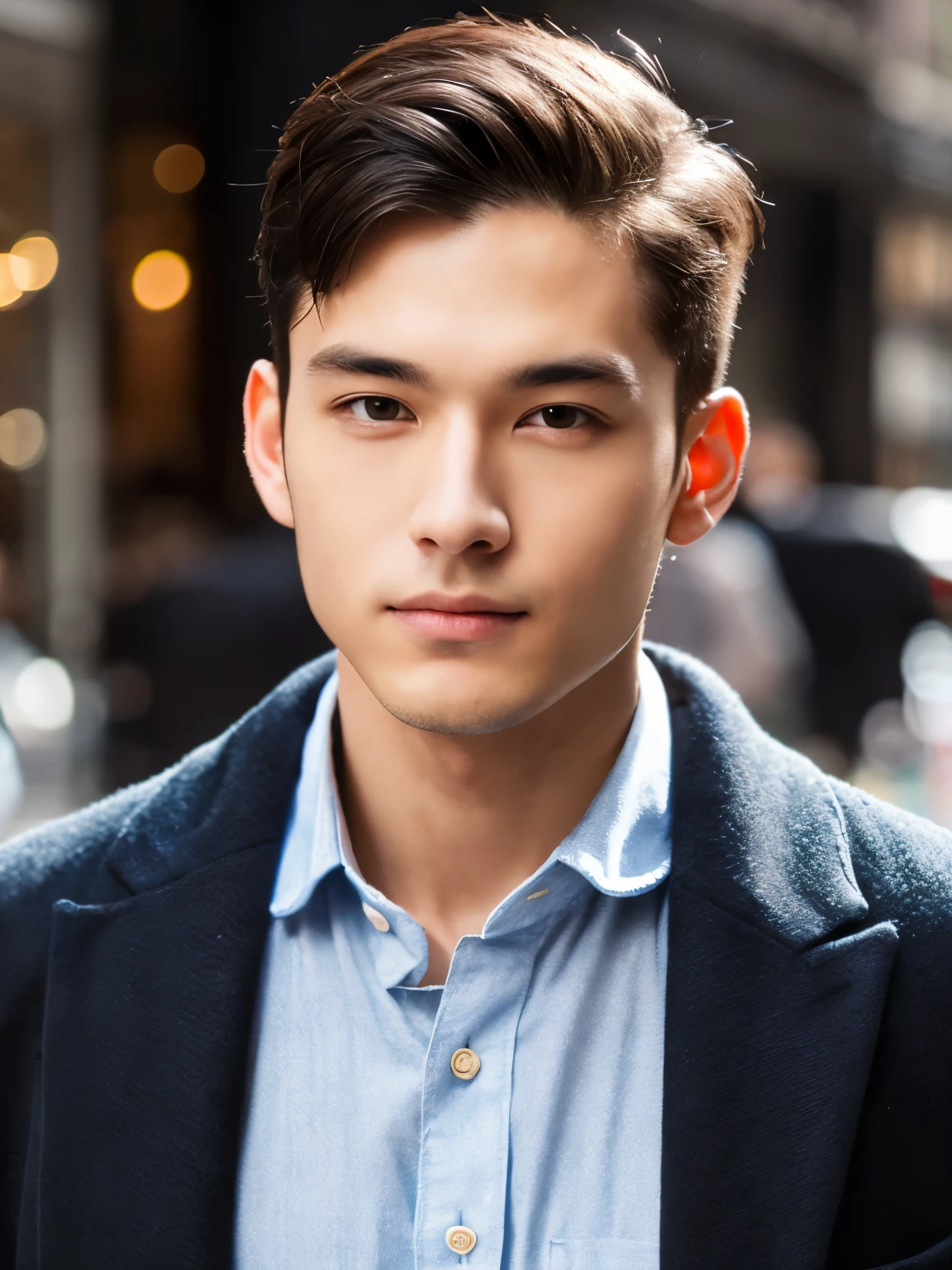 Jacketed, attractive male, completion , perfect face, Beautiful and graceful straight gaze,lack of beard (clean shaven),Japanese,Handsome guy,New York Manhattan、spring、facing forward