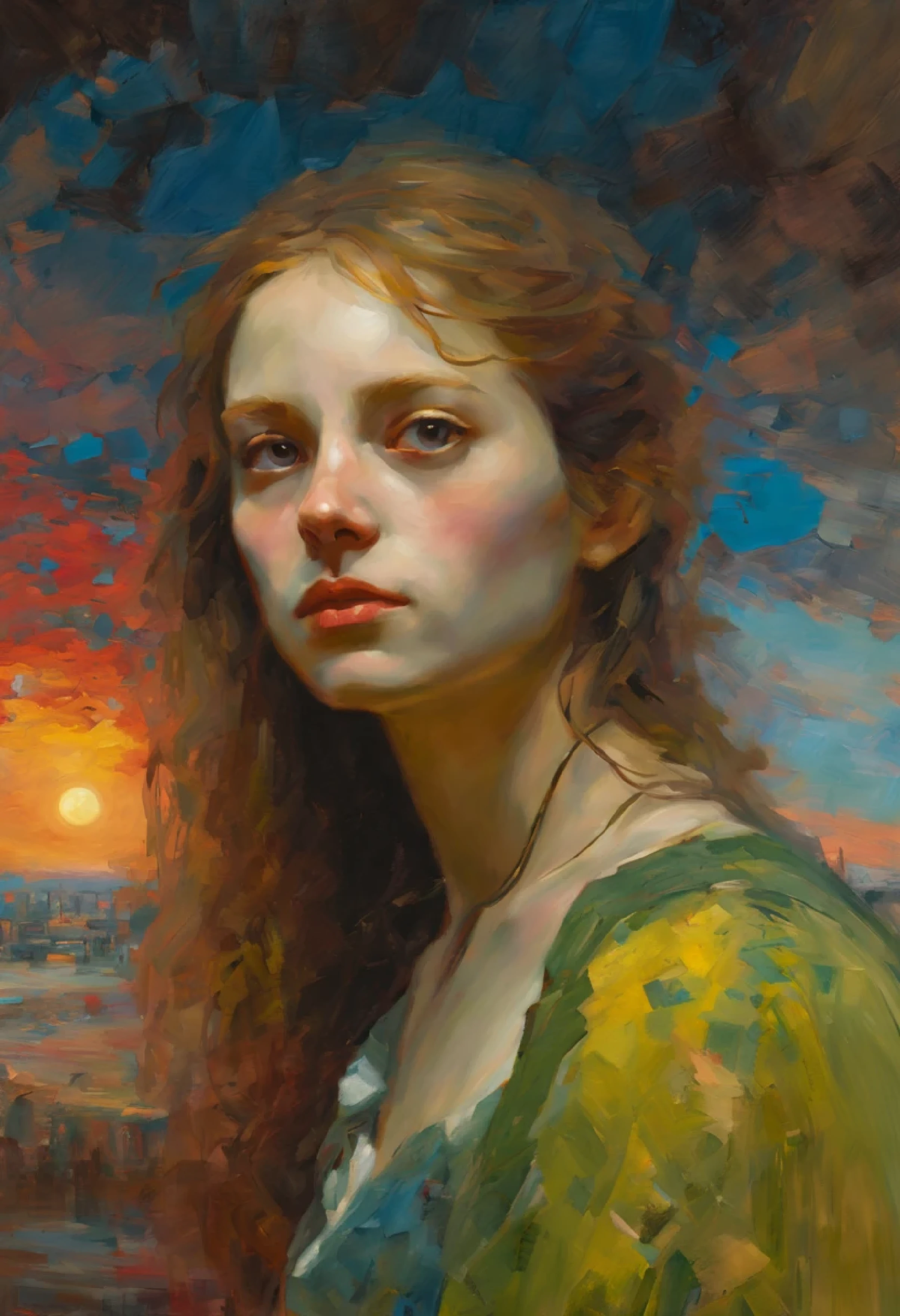 [((front portrait): young girl, in the style of Ilya Repin):20]/[background: nature landscape enemy planet of the future metropolis, [morning light], ( in the style of Hieronymus-Bosch)], very colorful, ((Palette/oil painting Palette knife)), ((masterpiece)), single shot, Impression, extreme detail, perspective, 8K