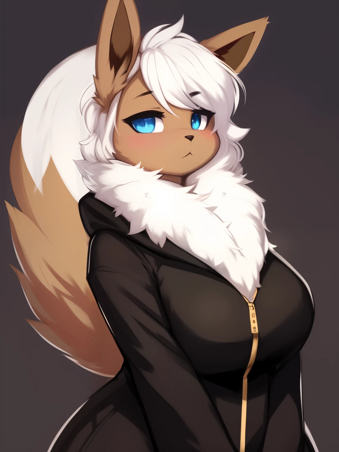 by zackary911,zackary911, eevee anthro, dark background, black hoode, solo, one character, blue eyes, female, fluffy fur, big tail, breast, fluffy neck, long white hair 