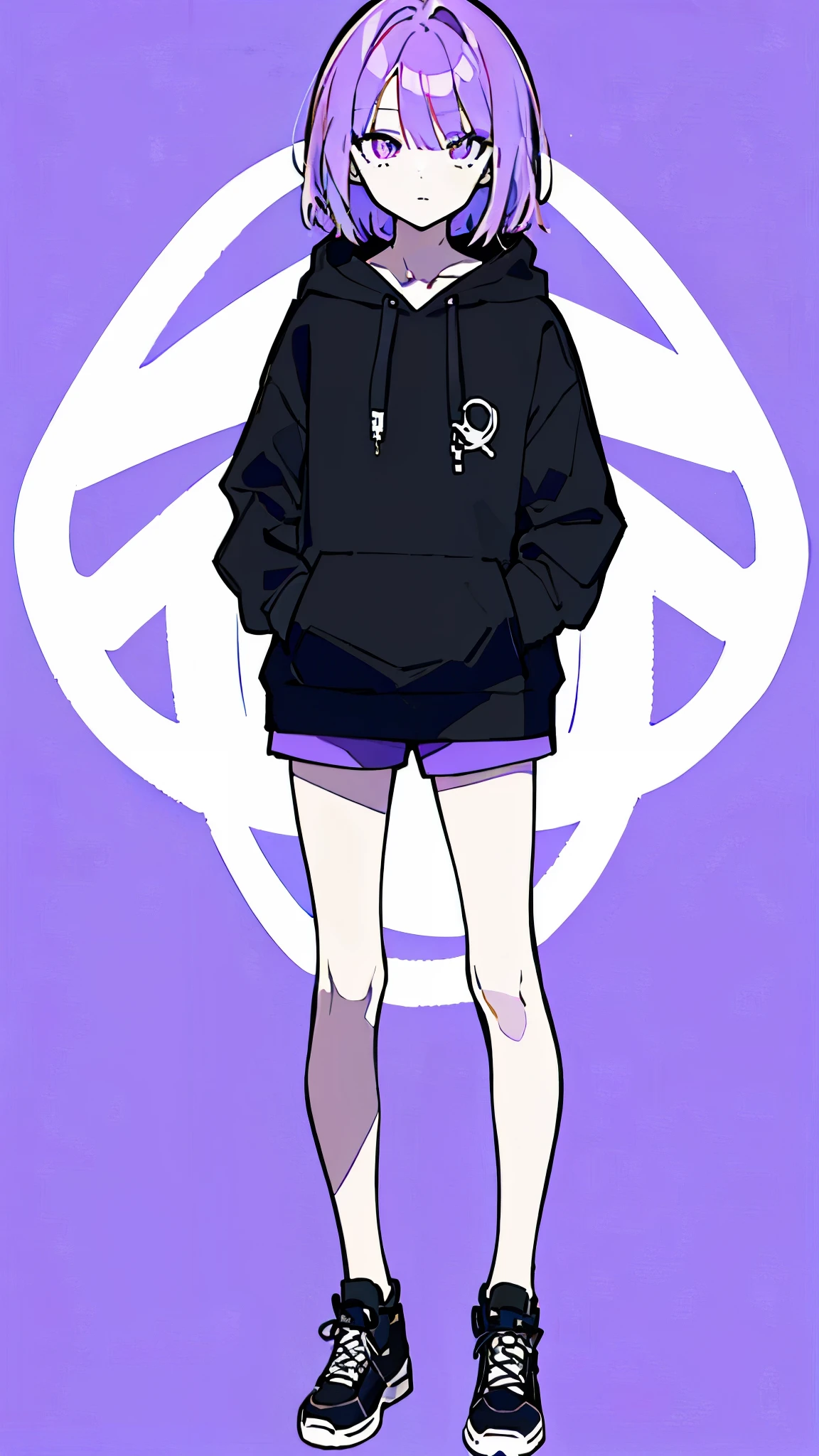 (masterpiece, highest quality:1.6), alone, thick outline, (simple background, light purple background, monochrome, light purple theme:1.2), official art, Key Visual, 8K, disorganized, whole body, (unique hair, Oversized Hoodies, hot pants, wearing a hood, arch back, short torso:1.2), belly button, thighs, cowboy shot, HDR, sharp focus, High resolution, most detailed, very detailed, Super detailed, finely, detailed eyes and face, sharp pupils, realistic student, solo, contrast between purple and white, solo, hands in pockets