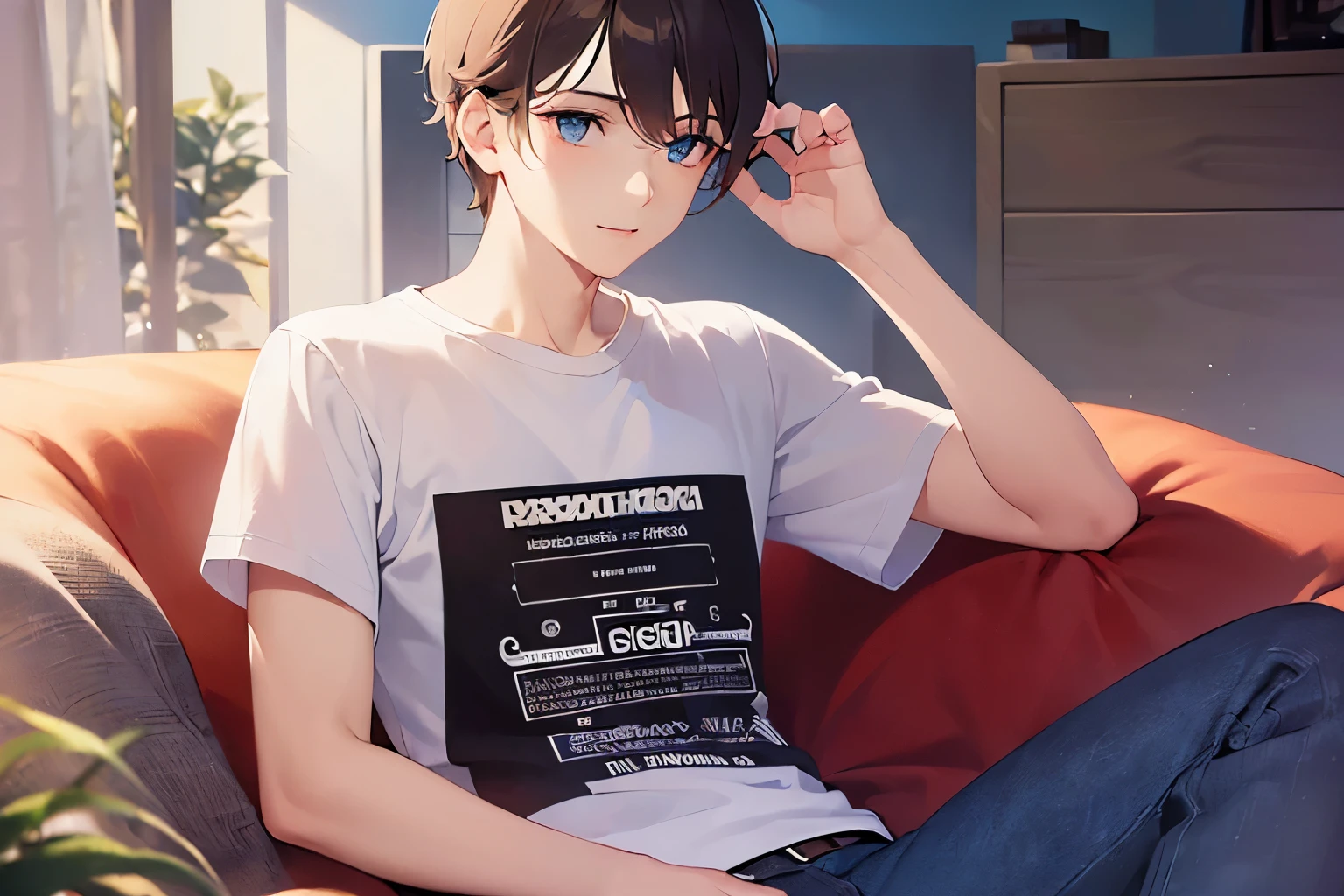 (looking away:1.5), masterpiece、high quality、(25 year old man with short brown hair and blue eyes:1.5), wearing a white T-shirt、(Alone:1.5)、smile, (Only the upper body is visible.:1.3)、Being in the living room at night、sitting on the sofa、bold composition