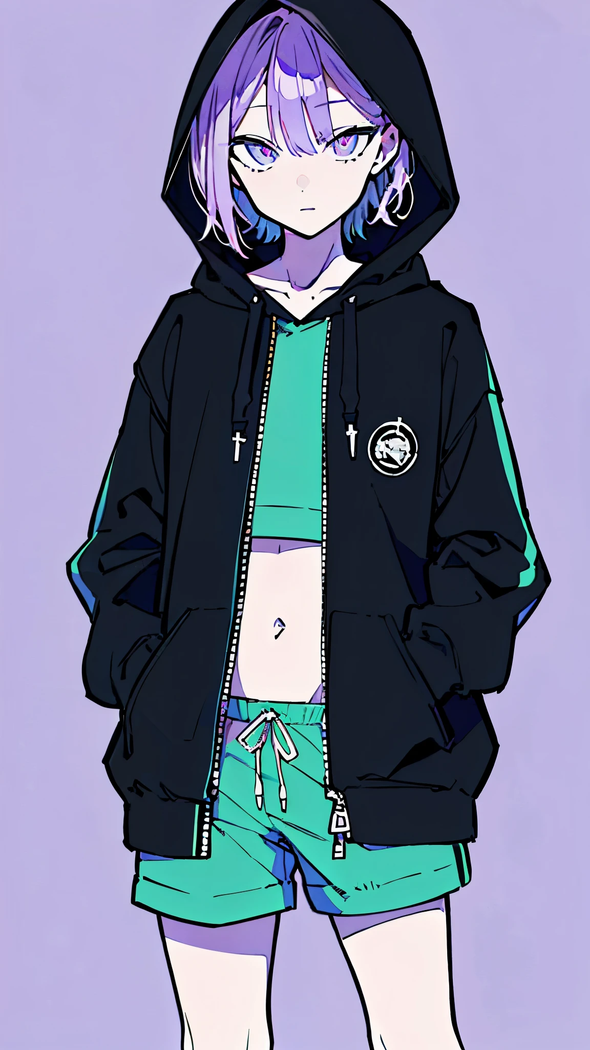 (masterpiece, highest quality:1.6), alone, thick outline, (simple background, light purple background, monochrome, light purple theme:1.2), official art, Key Visual, 8K, disorganized, whole body, (unique hair, Oversized Hoodies, hot pants, wearing a hood, arch back, short torso:1.2), belly button, thighs, cowboy shot, HDR, sharp focus, High resolution, most detailed, very detailed, Super detailed, finely, detailed eyes and face, sharp pupils, realistic student, solo, contrast between purple and white, solo, hands in pockets
