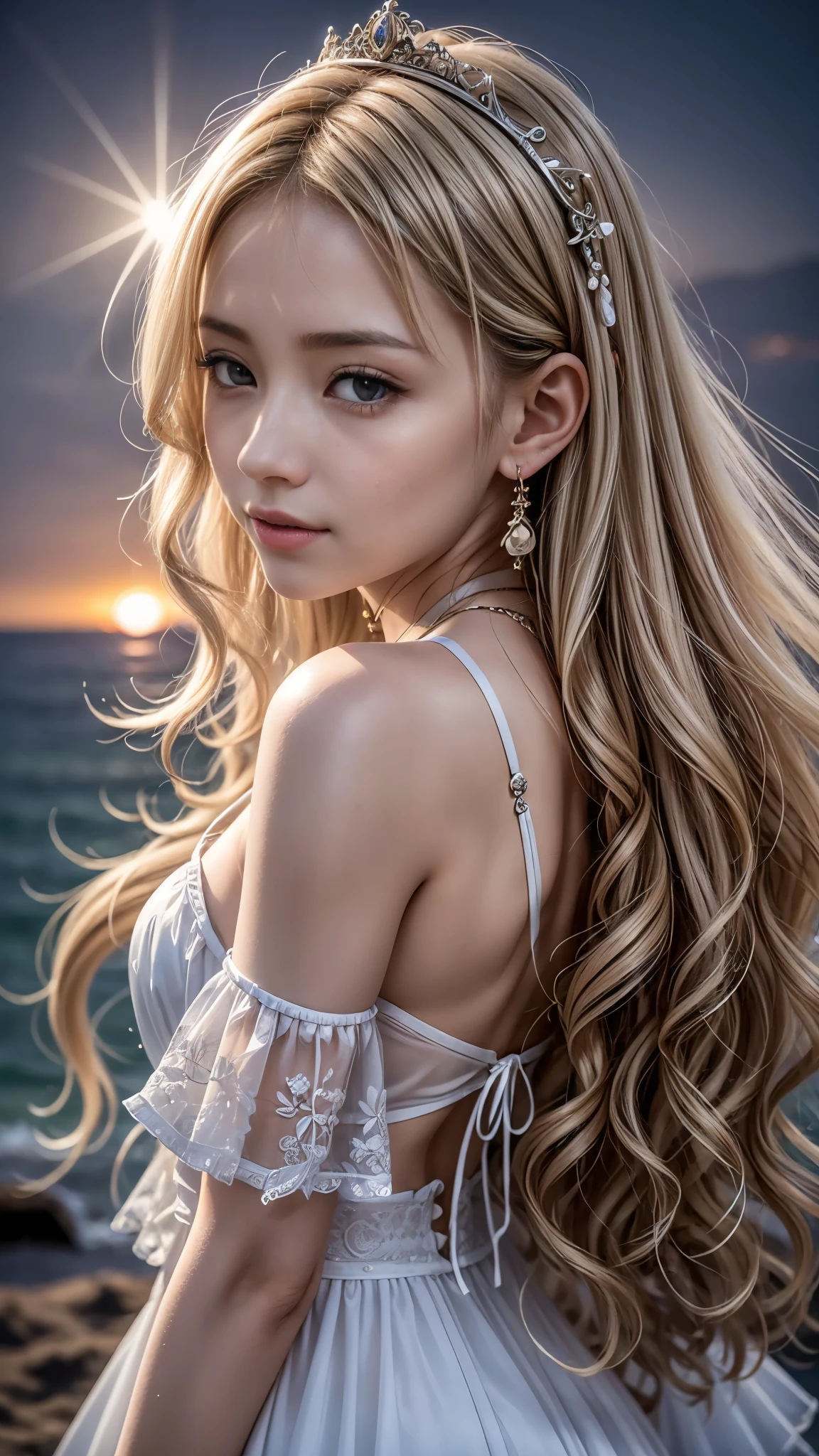 ((RAW shooting:1.5, realistic:1.5, 8K, highest quality, masterpiece, ultra high resolution)), night, summer, beach side, Sunny sky without a cloud, professional camera work:1.3, Highly detailed skin and facial textures:1.3, glow light effect, Super detailed:1.3, cute 15 year old british princess, Fair skin, Glossy skin, (elegant:1.4, small face), Ultimate Cute Face:1.5, (cute eyes:0.9, looking far away), smile:1.0, (mouth is slightly open:0.4, cute mouth:0.7), double eyelid, ((super long white blonde curly hair)), tiara, necklace and earrings, ((elegantで光沢のあるサテンのプリンセスドレスをオフショルダーで正しく着こなす方法)), cowboy shot, ((sunset, sunlight shining from behind:1.6, Strong sunlight spreads across the screen:1.6)), ((Strong sunlight shines on a woman:1.7))