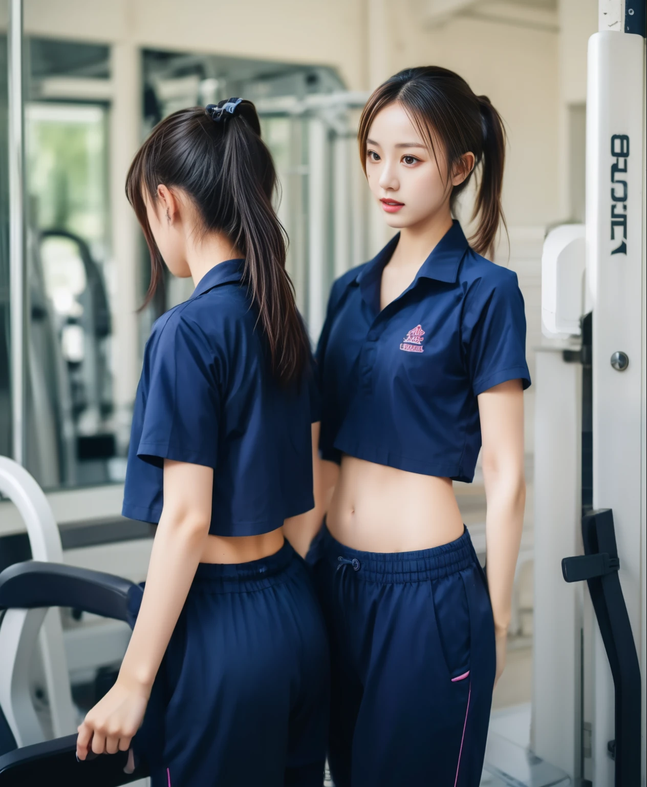 3 girls in fitness center, Navy blue short-sleeved shirt,Navy Long Trackpant,Sweatpants, Sweatpantsขายาว,25 year old girl, lesbian, sexy, exercise clothes, wet body, exercise clothes