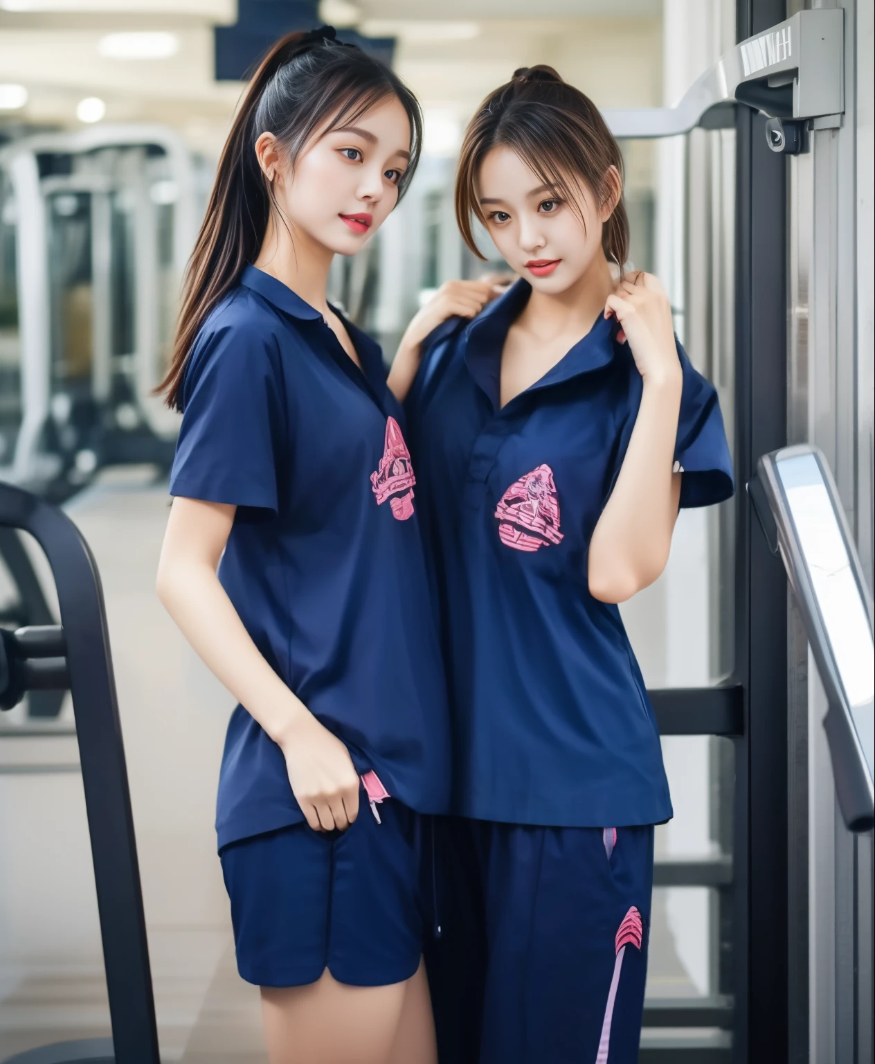 3 girls in fitness center, Navy blue short-sleeved shirt,Navy Long Trackpant,Sweatpants, Sweatpantsขายาว,25 year old girl, lesbian, sexy, exercise clothes, wet body, exercise clothes