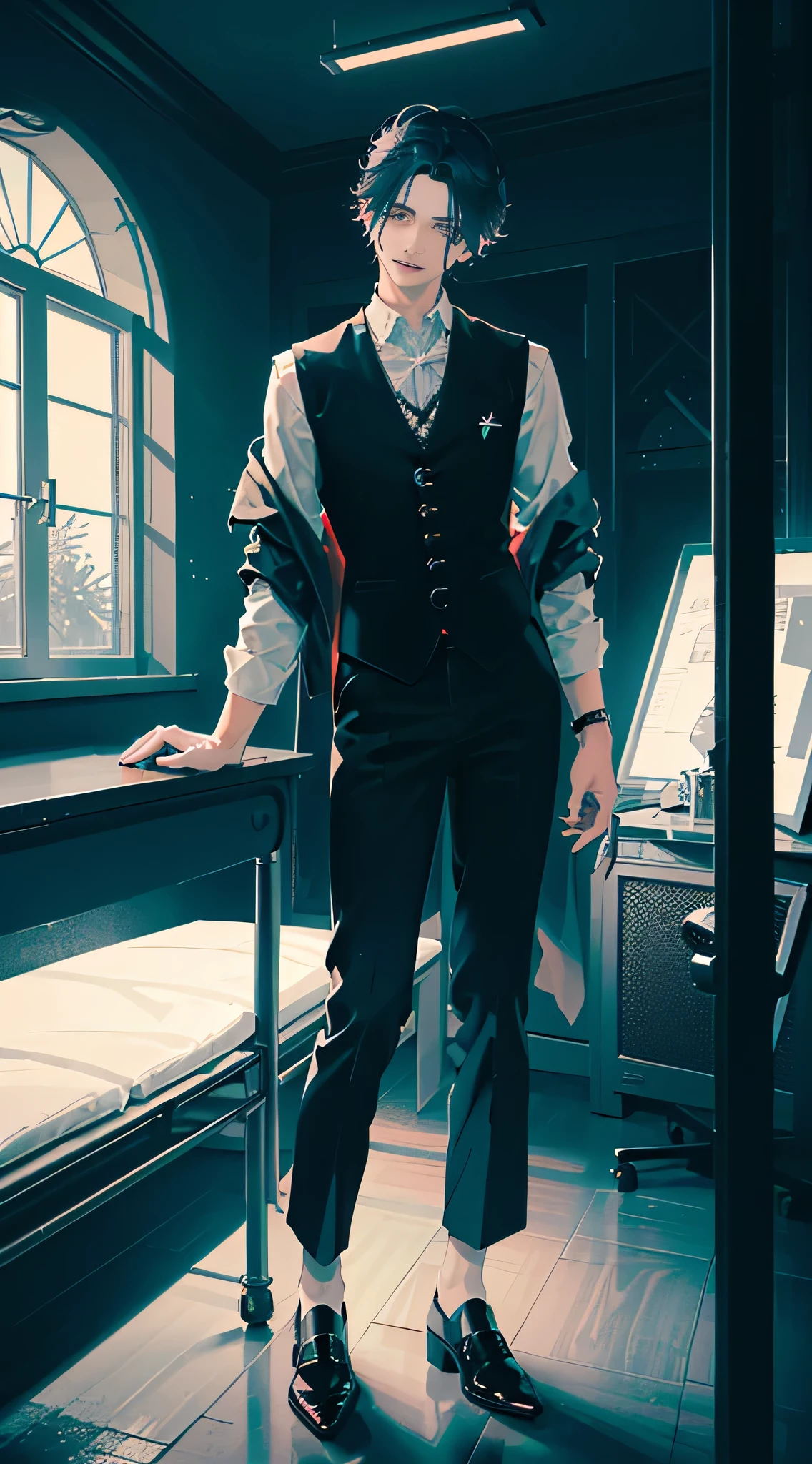 (whole body, Far away:1.4), (male:1.5), (office, window with night background, a chair, Jeong Ju-seong, :1.5), intricate details, volumetric lighting, Realism BREAK(masterpiece:1.2), (top quality), 4K, ultra detail, (Dynamic configuration:1.4), Highly detailed and colorful details,(dark:1.2), (shining lights, Atmospheric lighting), (alone:1.2), intricate details, (slim, tall:1.5), expressionless, Highly detailed and colorful details,(dark:1.2), (shining lights, Atmospheric lighting), dreamy, magical,(That person's head is a speaker:1.5),(speaker head:1.5), (black shoes, black cotton pants, waistcoat:1.5), (face:1.5)