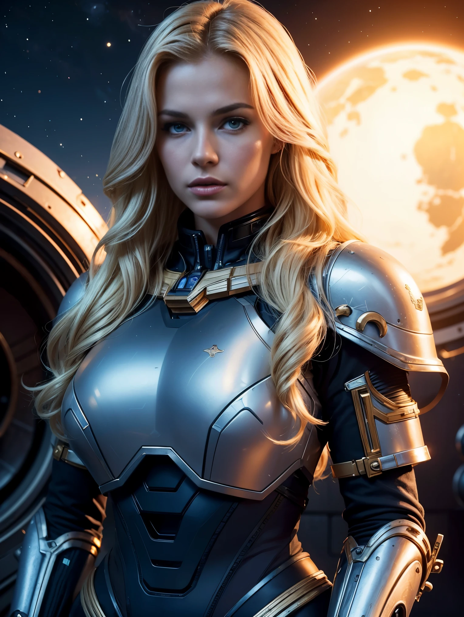 An ultra hot gorgeous European woman, age 23 long wavy Blond, fighting for her life in the far future, spaceships, mech, medium , lace, wearing a space marine heavy armor. Planet in the background.