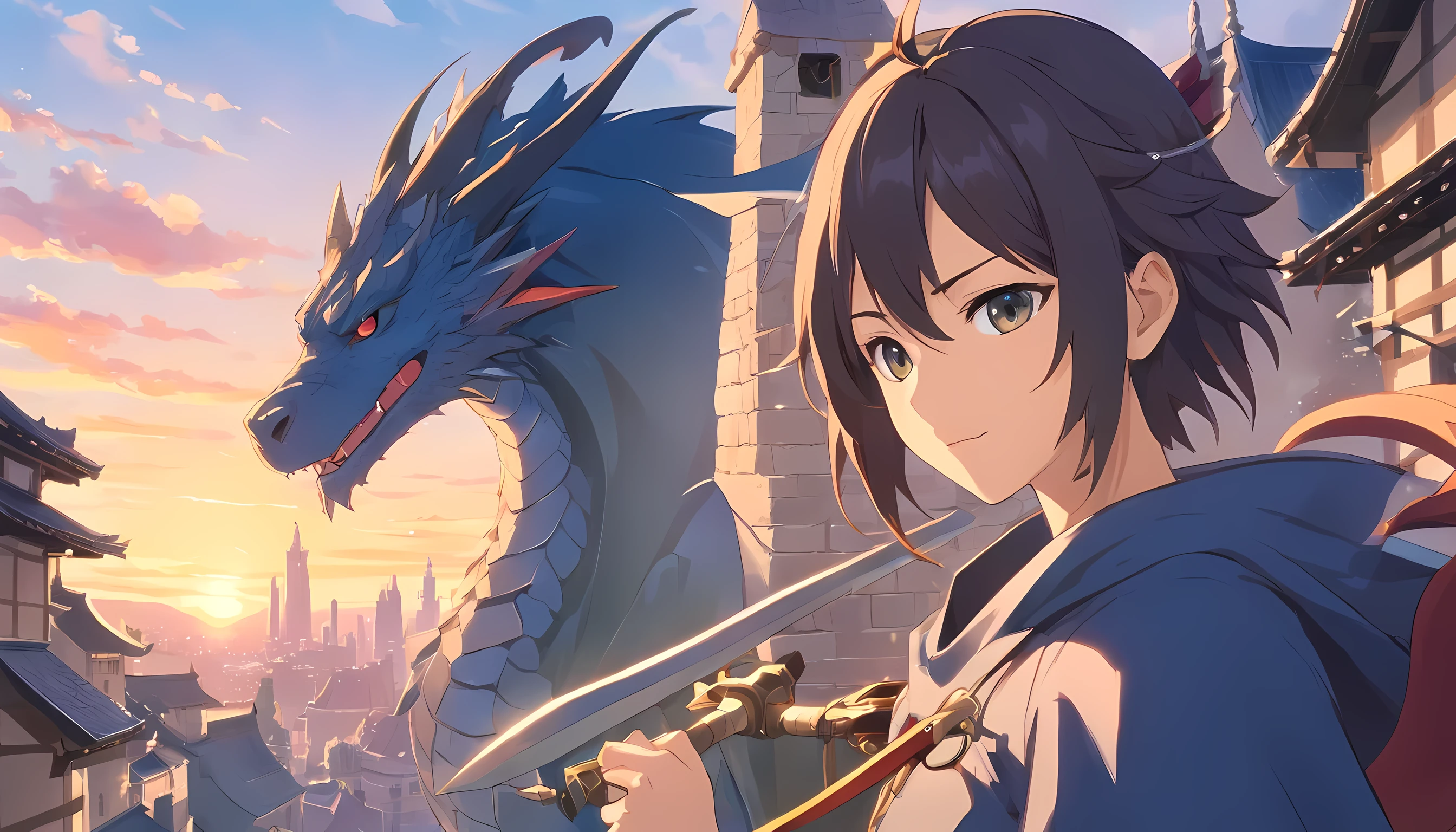 kuro no hiero glaphicos novel illustration, a warrior from medieval era, with dragon in background, medieval era city, at morning time, detailed face, face to detail, absurdres, highly detailed CG, Ufotable class production