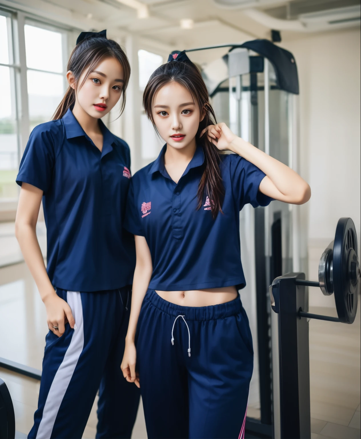 3 girls in fitness center, Navy blue short-sleeved shirt,Navy Long Trackpant,Sweatpants, Sweatpantsขายาว,25 year old girl, lesbian, sexy, exercise clothes, wet body, exercise clothes