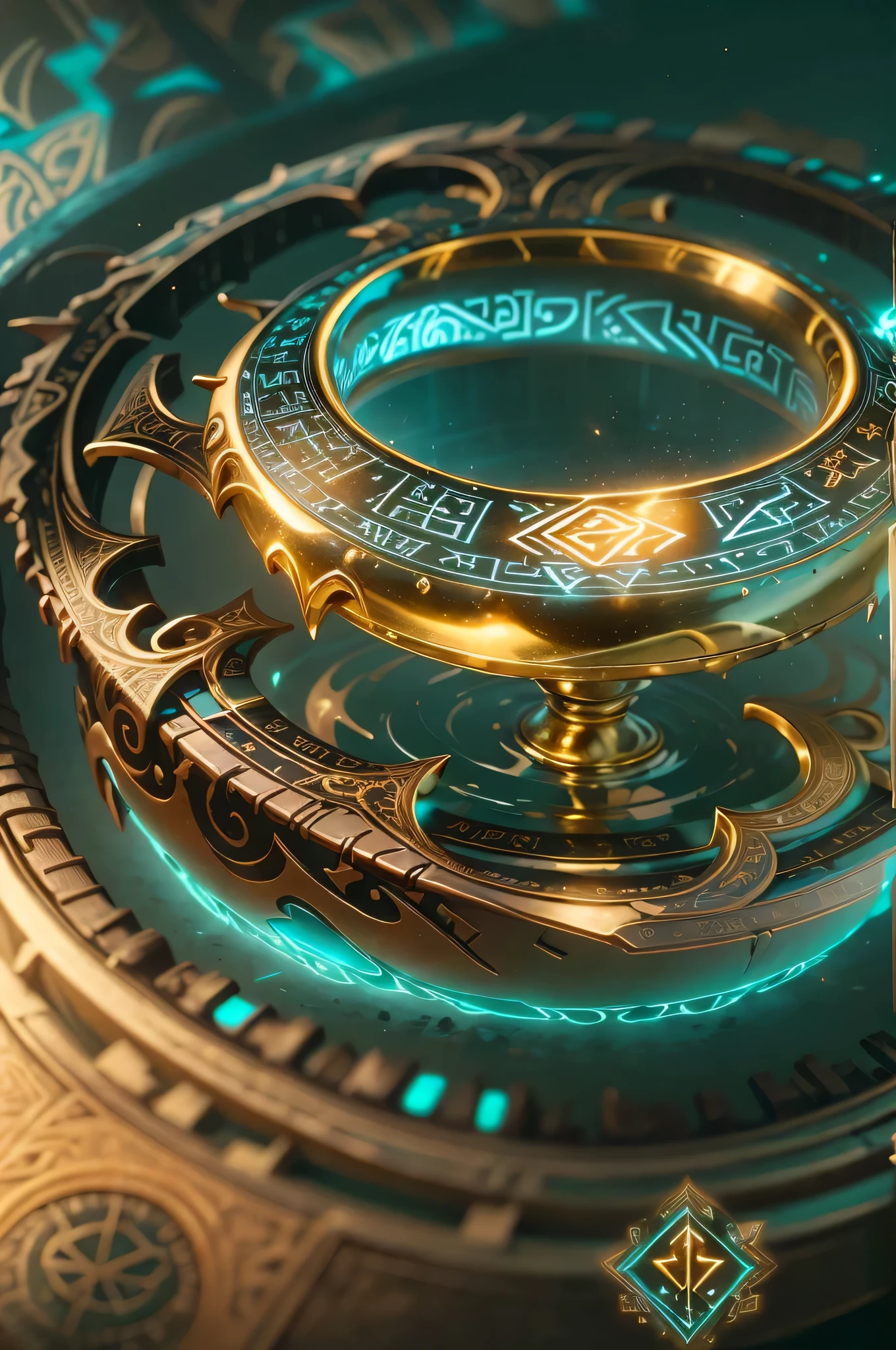 (Best quality,4K,a high resolution), foreground, glowing rune AI,Wedding ring,round gold ring with fantastic magical atmosphere,elegant, with intricate glowing runic lines,shiny and eye-catching,runic ring with small, a sparkling rainbow-colored diamond on top,together we create a harmonious and charming design,revealing secrets and wonders with your radiant and gentle presence,bright colors, emphasizing your attractiveness,soft lighting, emphasizing its beauty.