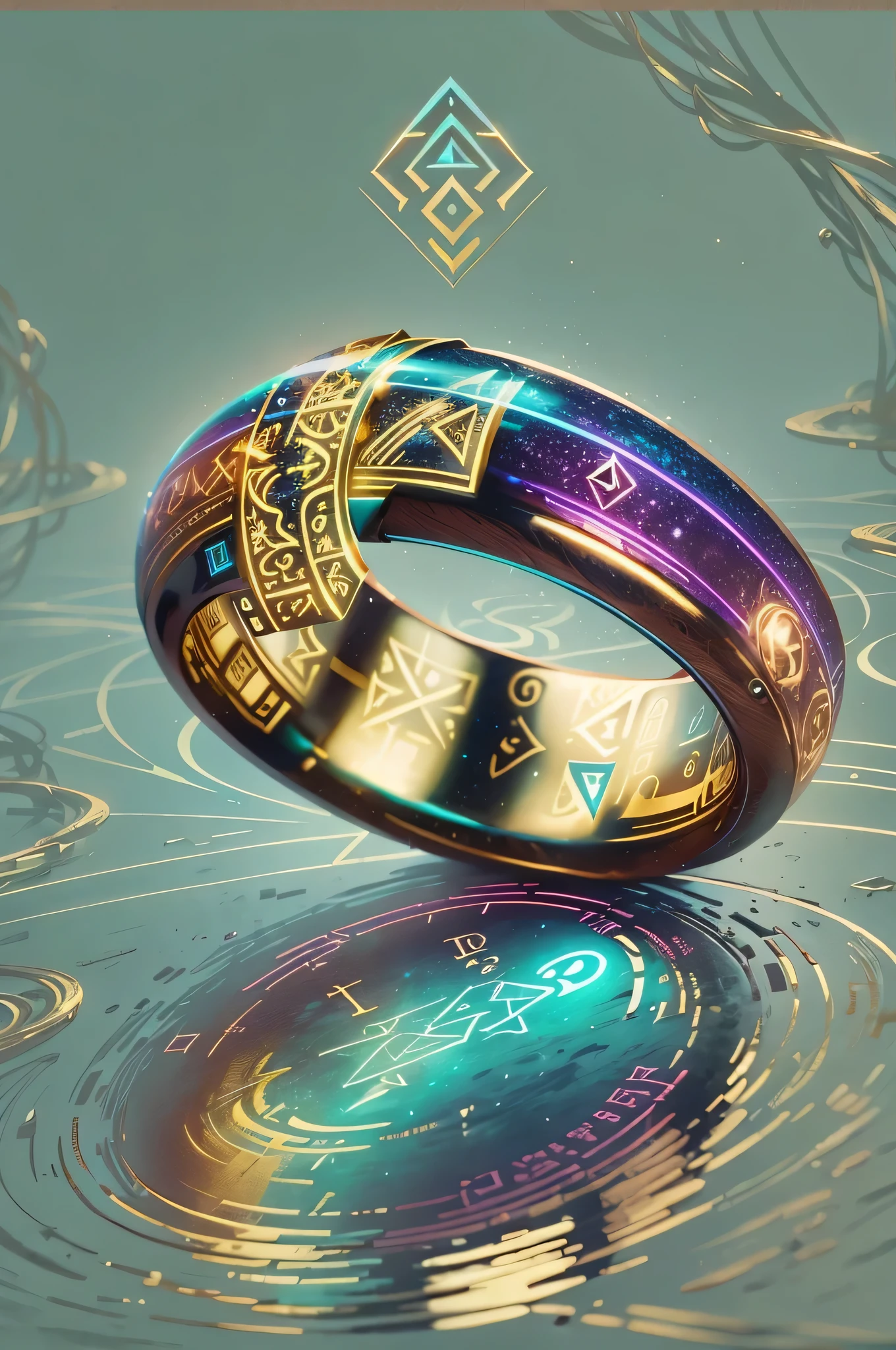 (Best quality,4K,a high resolution), foreground, glowing rune AI,Wedding ring,round gold ring with fantastic magical atmosphere,elegant, with intricate glowing runic lines,shiny and eye-catching,runic ring with small, a sparkling rainbow-colored diamond on top,together we create a harmonious and charming design,revealing secrets and wonders with your radiant and gentle presence,bright colors, emphasizing your attractiveness,soft lighting, emphasizing its beauty.