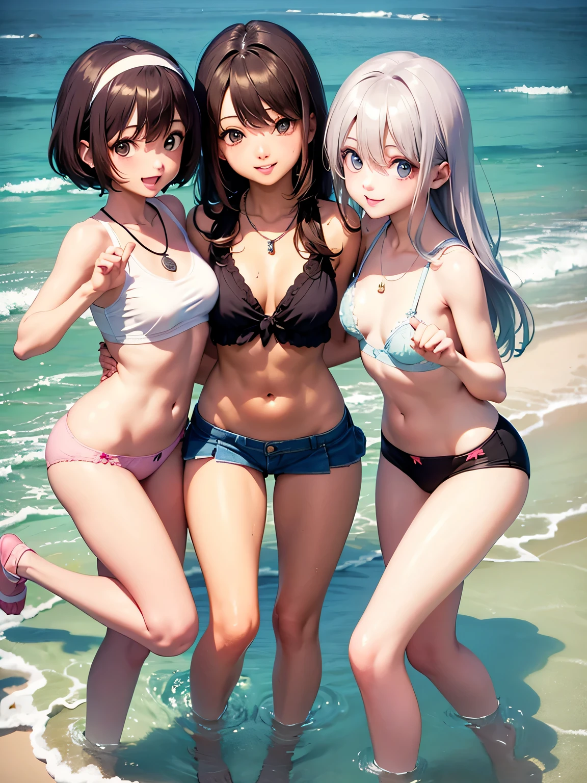 ((highest quality)), ((masterpiece)), (pretty girl), (3 girls:1.3), cute three girls are posing for a camera outdoors in the water, shirtをつかむ, stand side by side, (Close-up shot from the knee:1.3), perfect face, smile, (open your mouth and smile:1.3), embarrassed look, (precise fingers:1.3), hair band, head band, hair bobble, blouse, shirt, I can see your underwear, (pastel colored underwear), high resolution eyes, accurate eye, (high resolution eyes:1.8), (High definition finger 1.8), light smile, small chest, chest, realistic, 4ars old, 5 years old, 6 years old, 7 years old, knee socks, short skirt, Asian, blue eyes, silver hair, brown hair, blonde, belly button, jewelry, looking at the viewer, necklace, water, , Wet, long hair, short hair, abs,