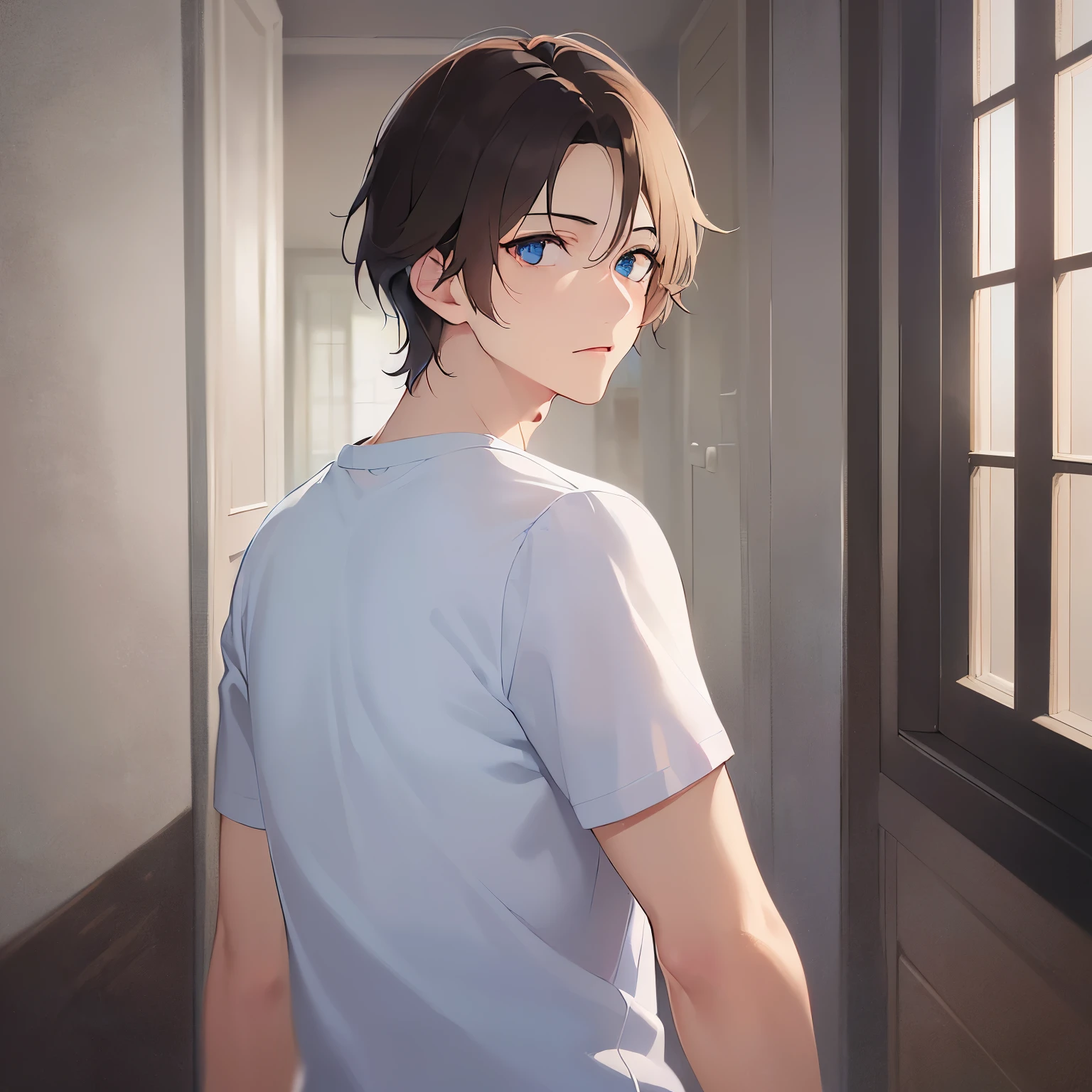 look back, masterpiece、high quality、(25 year old man with short brown hair and blue eyes:1.5), wearing a white T-shirt、(Alone:1.5)、surprised, (Only the upper body is visible.:1.3)、Being in the living room at night、Are standing、bold composition