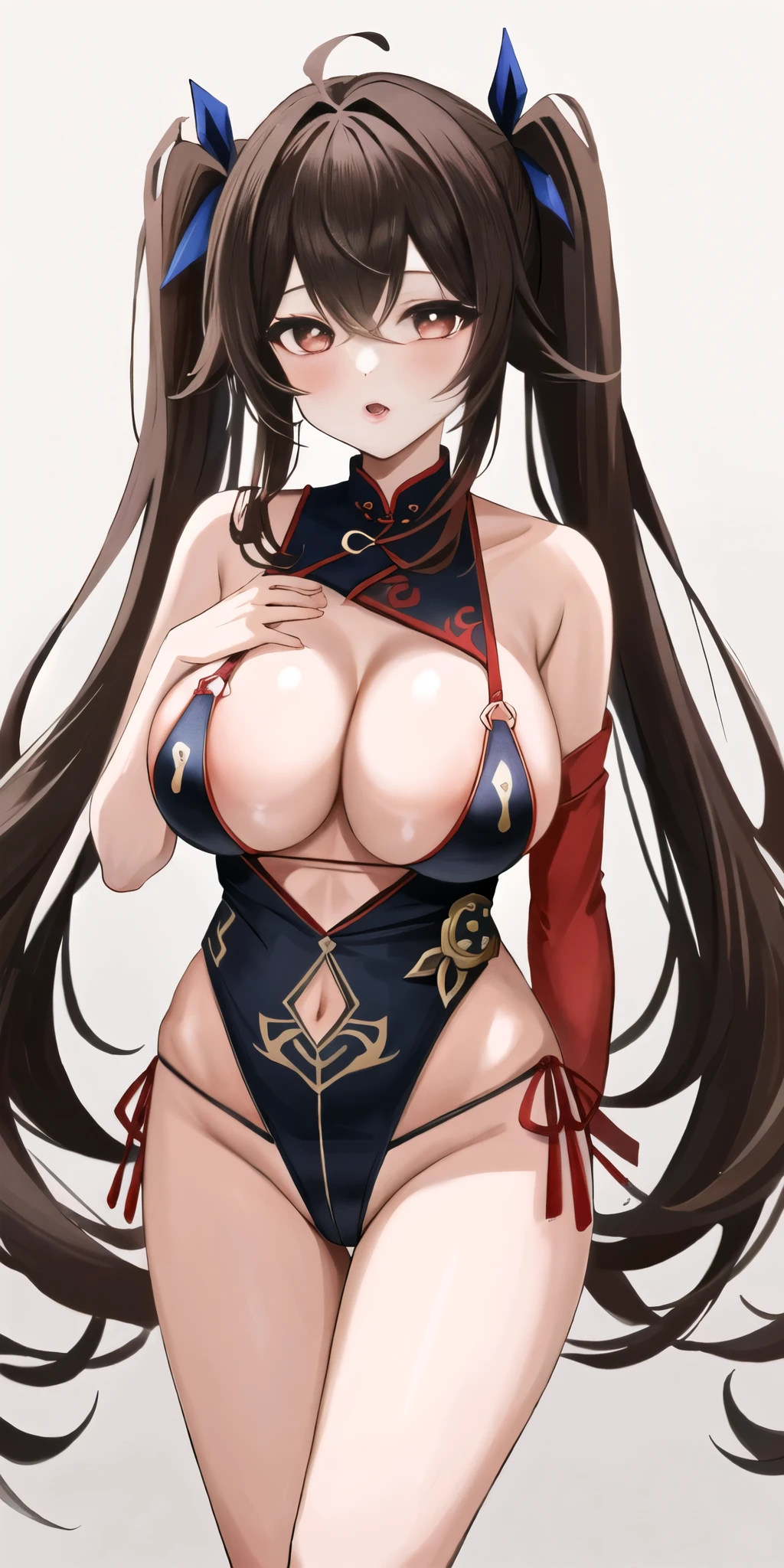 masterpiece, highest quality,
1 girl, Futao (genshin impact), Butao,have, red eyes, twin tails, brown hair, alone, pupil in the shape of a symbol, long hair,bangs,  cheongsam clothing, Super big breasts, leotard,  High leg, eyes are heart、bikini、Clothes with open chest、Creampie