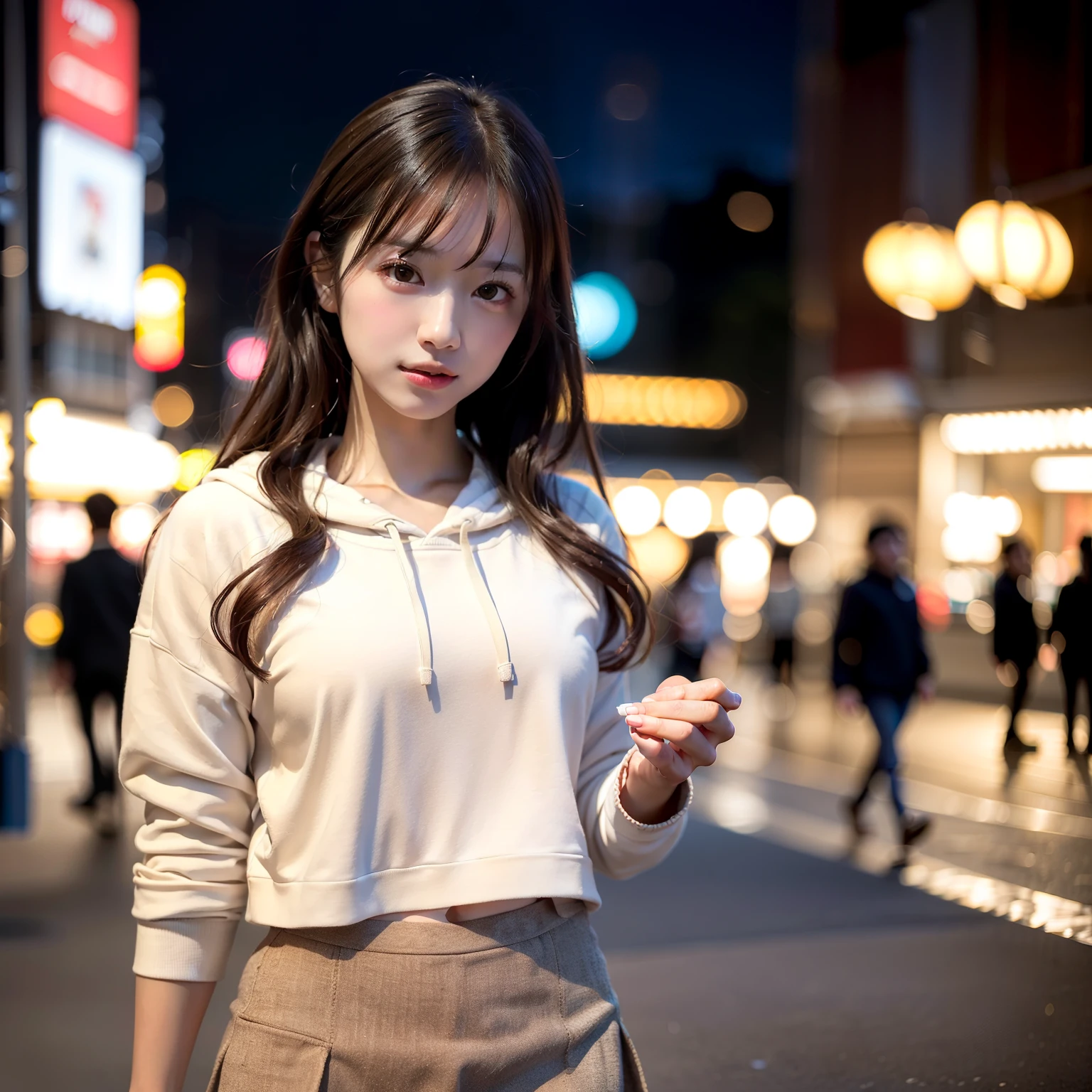 (8k, RAW photo, best quality, masterpiece:1.2), (realistic, photo-realistic:1.4), (extremely detailed 8k wallpaper),
professional lighting,
sharp focus, depth of field, blur background, bokeh,
full body,
Japanese high school girl, slender,
Shopping street,
Morning,
wavy hair, brown long hair,
hoodie ,mini skirt, 
cheerful,