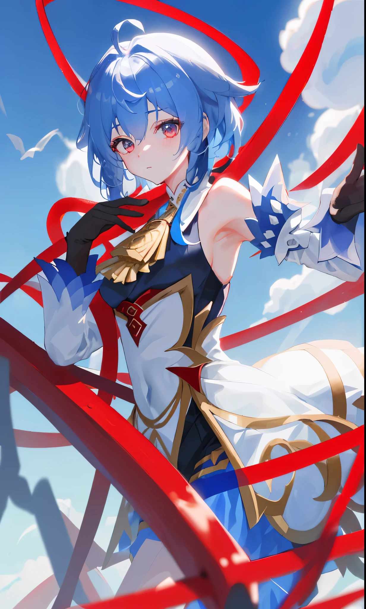((tmasterpiece,4k wallpaper,best qualtiy))ganyudef, Be red in the face, In the daytime, simple backgound, blue-sky, short detailed hair, Moody light,light blue hair,light particules,Blue Themes,Busty body,face expressionless,Brilliant,smooth thigh