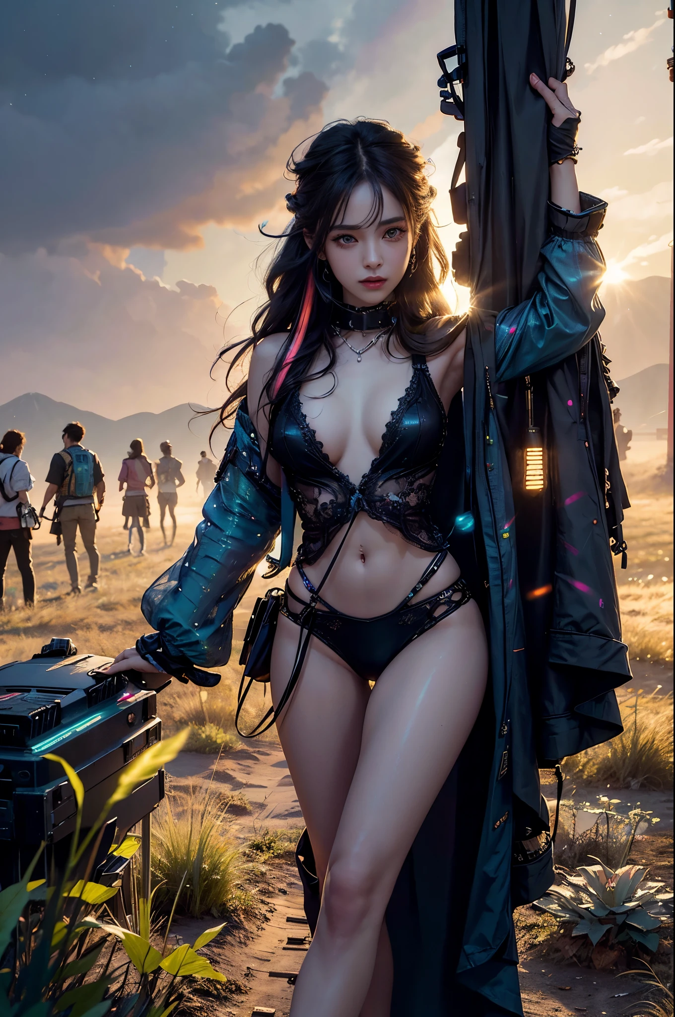 rave festival, night, light rays, edc, rave, highres, lens flare, led, masterpiece, cinematic lighting, perfect skin, long vivid colorful hair, toned, cameltoe, breast focus, legs focus