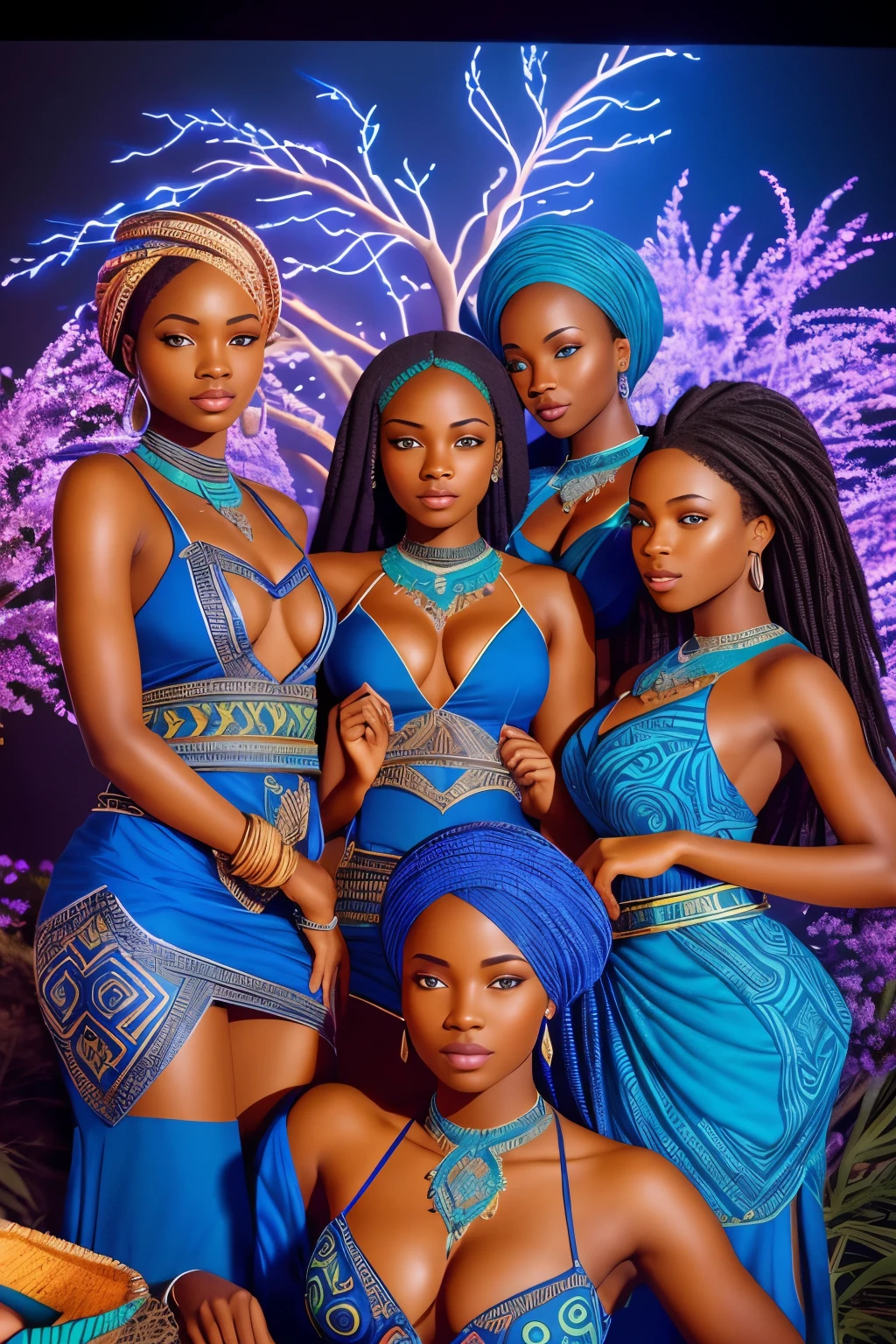 A breathtaking aerial view shot of four radiant African women, clad in vibrant blue attire designed with African motifs, peacefully slumbering on a luminous, neon-lit map of Africa nestled within a forest. The tranquil scene is illuminated by cinematic lighting during the mystical hours of the night, bathing the women and the map in a captivating blue color grading. This exquisite 32k, ultra-HD image is rendered using Octane 3D technology, achieving a hyper-realistic representation with intricate details, sharp focus, and breathtaking textures.