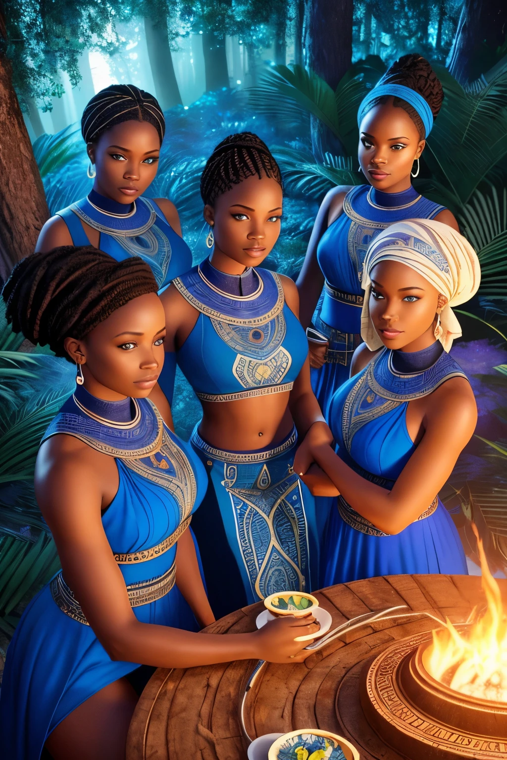 A breathtaking aerial view shot of four radiant African women, clad in vibrant blue attire designed with African motifs, peacefully slumbering on a luminous, neon-lit map of Africa nestled within a forest. The tranquil scene is illuminated by cinematic lighting during the mystical hours of the night, bathing the women and the map in a captivating blue color grading. This exquisite 32k, ultra-HD image is rendered using Octane 3D technology, achieving a hyper-realistic representation with intricate details, sharp focus, and breathtaking textures.