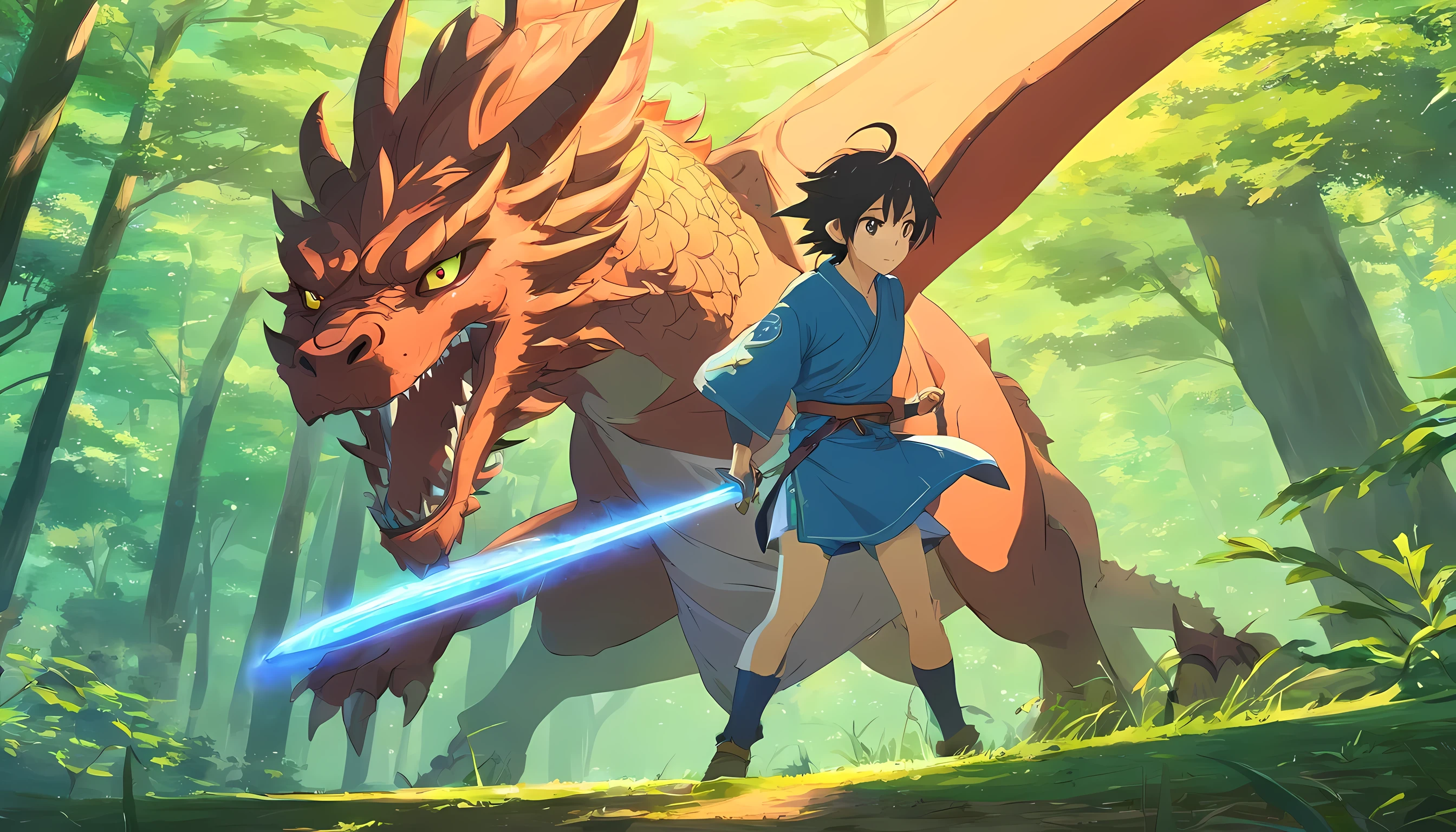 kuro no hiero glaphicos novel illustration, a adventurer from medieval era, with dragon fighting with other dragon in background, medieval era forest, at morning time, detailed face, face to detail, half-body illustration (0.6), absurdres, highly detailed CG, makoto shinkai class production