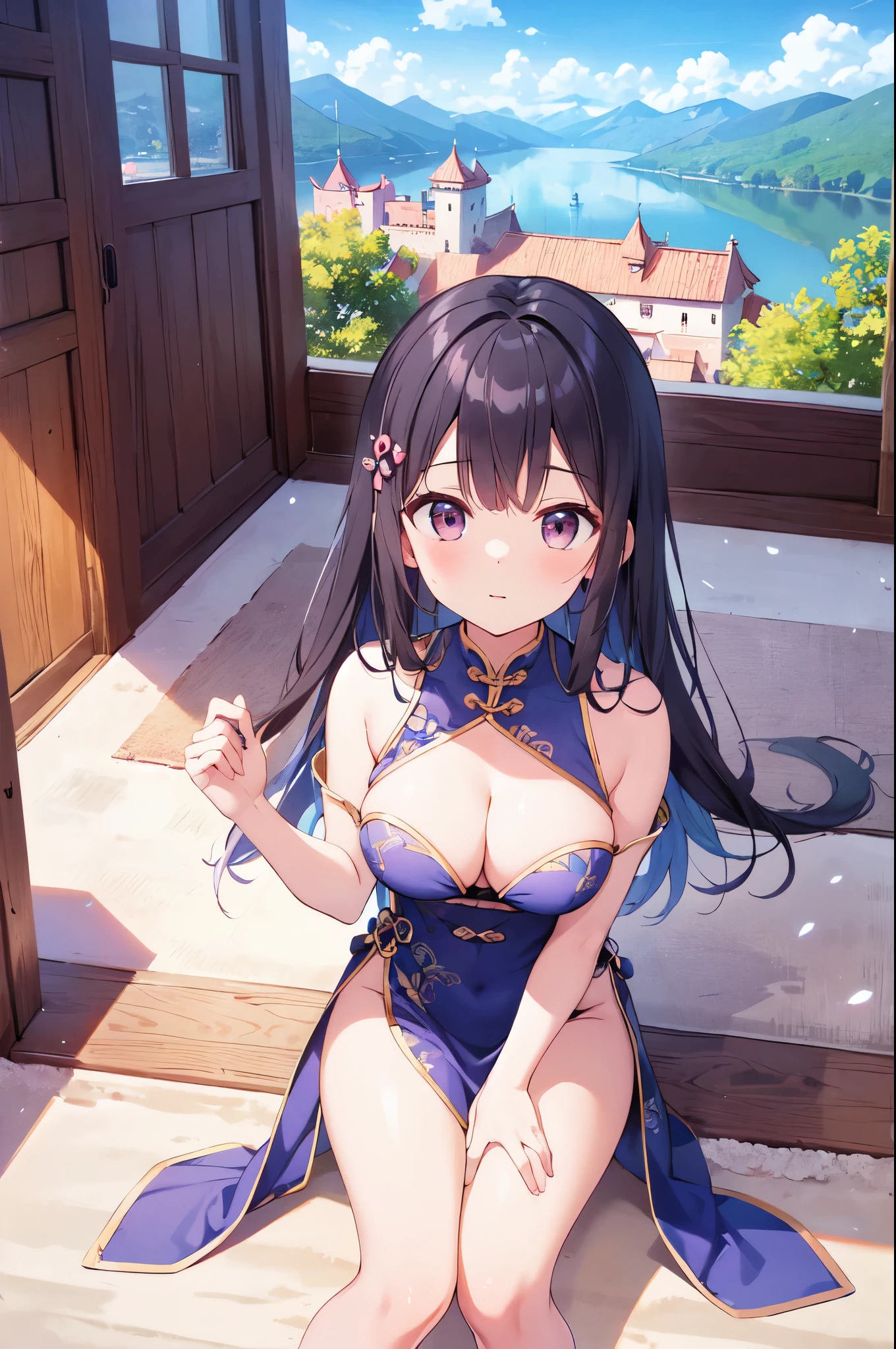 （masterpiece）、(highest quality)、((Super detailed))、(super delicate)、naughty chinese princess、Pastel colors hair、beautiful breasts、Thighs、gorgeous mountain castle、Fantastic lake、Looking up from under your feet