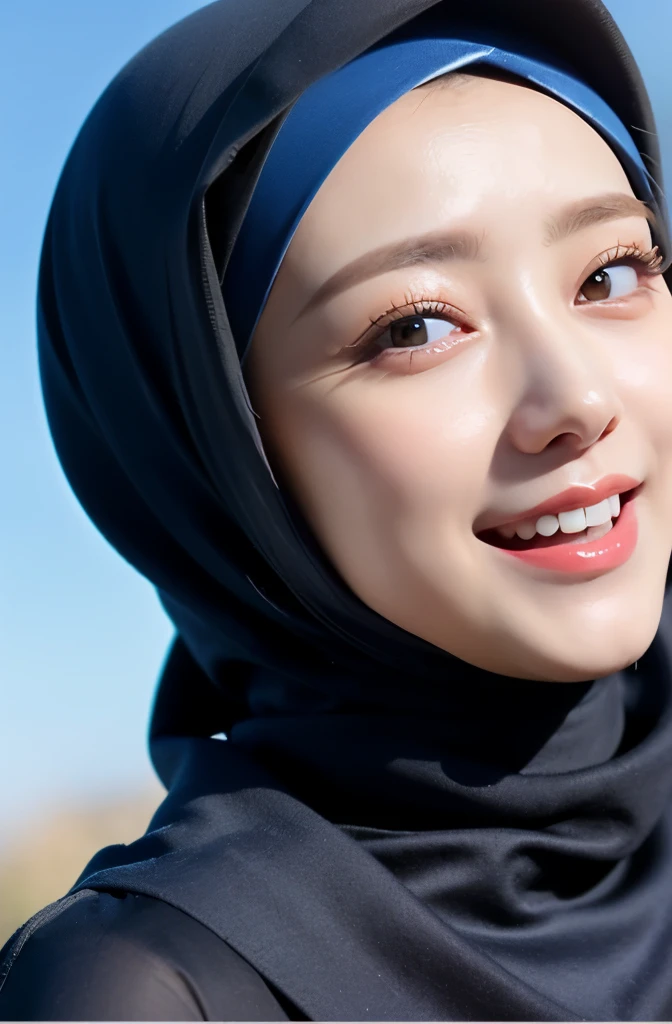 Wear hijab blue collor, ((Best quality, 8k, Masterpiece :1.37)), position:sitting, ( women in hijab), women in hijab blue, style model, ( women in hijab), beautiful face, Beautiful detailed eyes, Korean eyes, nose detail, Natural Lips, 18 year old girl, black hair, very detailed face, ultra detailed body, slim body, detailed big breasts, detailed hairy vagina, Wearing Muslim hijab , luxurious jubba thobbe, blue sky view, slim body, realistic face, women wearing hijabs, smiling face