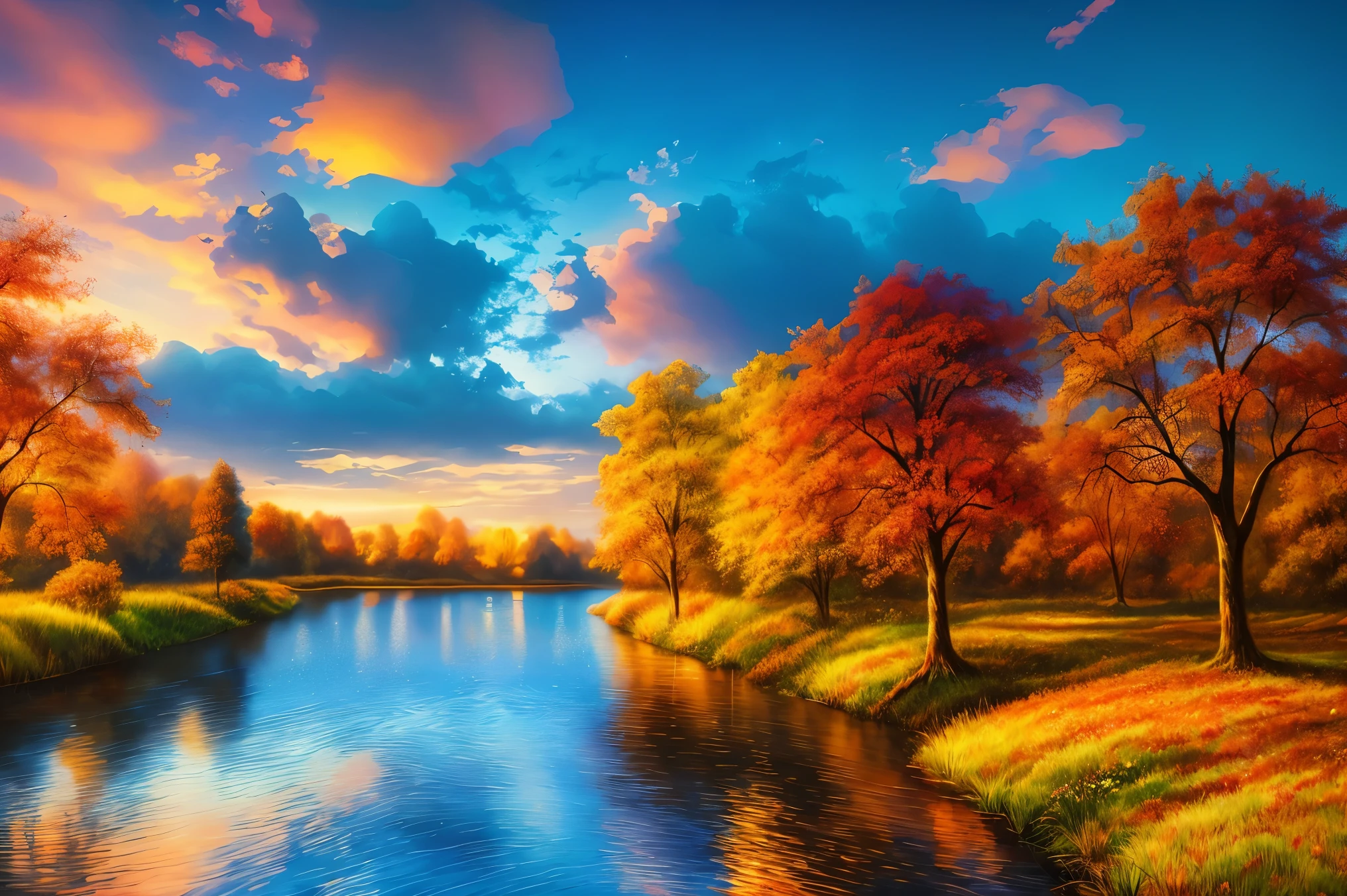 (((tmasterpiece))),best qualtiy,illustratio,Beautiful detail glow,autumnal,eventide,riverbank,Scenic beauty, Eau, Clouds, Colorful, florest background, fanciful,