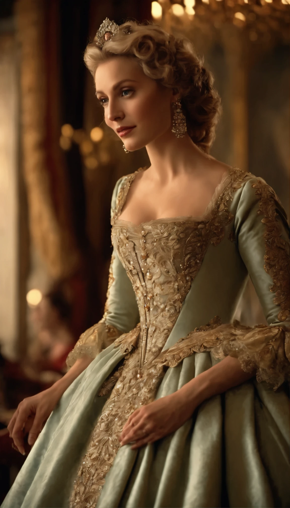 (realistic,photorealistic:1.37),(best quality,highres,masterpiece:1.2),ultra-detailed,portrait style,european nobility,18th century,courtyard scene,distinguished aristocrats,fashionable clothing,opulent setting,candle-lit chandeliers,elaborate hairstyles,ornate jewelry,soft pastel colors,fine details,lush velvets and brocades,elegant poses,subtle lighting,refined facial features,impeccable makeup,royal insignia,historical accuracy,exquisite craftsmanship,romantic atmosphere,graceful movements,societal hierarchy,lively gathering,dignified expressions,vibrant ballroom,glamorous festivities,finely polished woodwork,tapestry-adorned walls,sumptuous feasts,banquet tables,richly decorated interiors,opulent draperies,refined etiquette,+18th century music