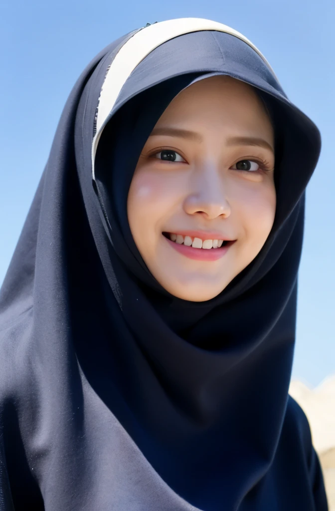 Wear hijab blue collor, ((Best quality, 8k, Masterpiece :1.37)), position:sitting, ( women in hijab), women in hijab blue, style model, ( women in hijab), beautiful face, Beautiful detailed eyes, Korean eyes, nose detail, Natural Lips, 18 year old girl, black hair, very detailed face, ultra detailed body, slim body, detailed , detailed hairy , Wearing Muslim hijab , luxurious jubba thobbe, blue sky view, slim body, realistic face, women wearing hijabs, smiling face