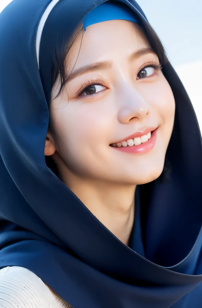 Wear hijab blue collor, ((Best quality, 8k, Masterpiece :1.37)), position:sitting, ( women in hijab), women in hijab blue, style model, ( women in hijab), beautiful face, Beautiful detailed eyes, Korean eyes, nose detail, Natural Lips, 18 year old girl, black hair, very detailed face, ultra detailed body, slim body, detailed big breasts, detailed hairy vagina, Wearing Muslim hijab , luxurious jubba thobbe, blue sky view, slim body, realistic face, women wearing hijabs, smiling face