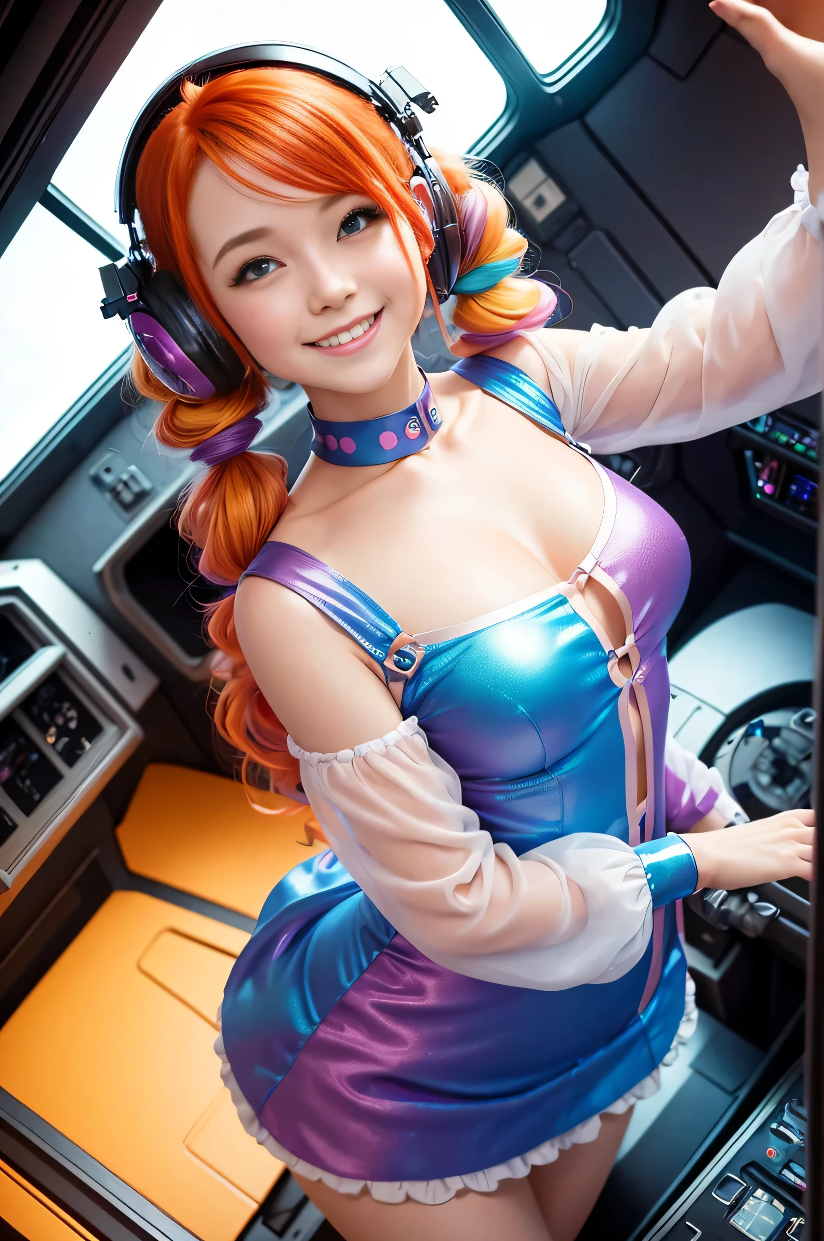 (overhead view) Cute redhead with rainbow colored hair tips, ribbons in her hair, 18-year-old woman, happy, smiling, in twin tails, perfect eyes, clear sparkling blue eyes, pale skin, silky smooth skin, flying a fancy metal luxurious space ship, futuristic cockpit, she's a pilot, outer space seen in windows, dark warm lighting, wearing a futuristic party dress, low cut top, pleated (chemise) mini dress (pastel rainbow colors, and polka dots), puffy sleeves, silk, pantyhose, cute short cut booties, boots.