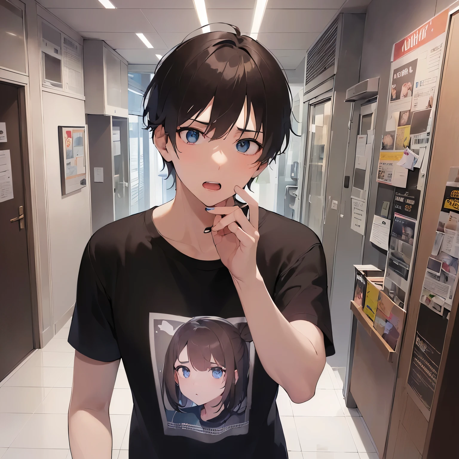 masterpiece、high quality、(25 year old man with short brown hair and blue eyes:1.5), wearing a black T-shirt、(Alone:1.5)、(surprised:1.3), (Only the upper body is visible.:1.3)、Being in the washroom、Are standing、bold composition