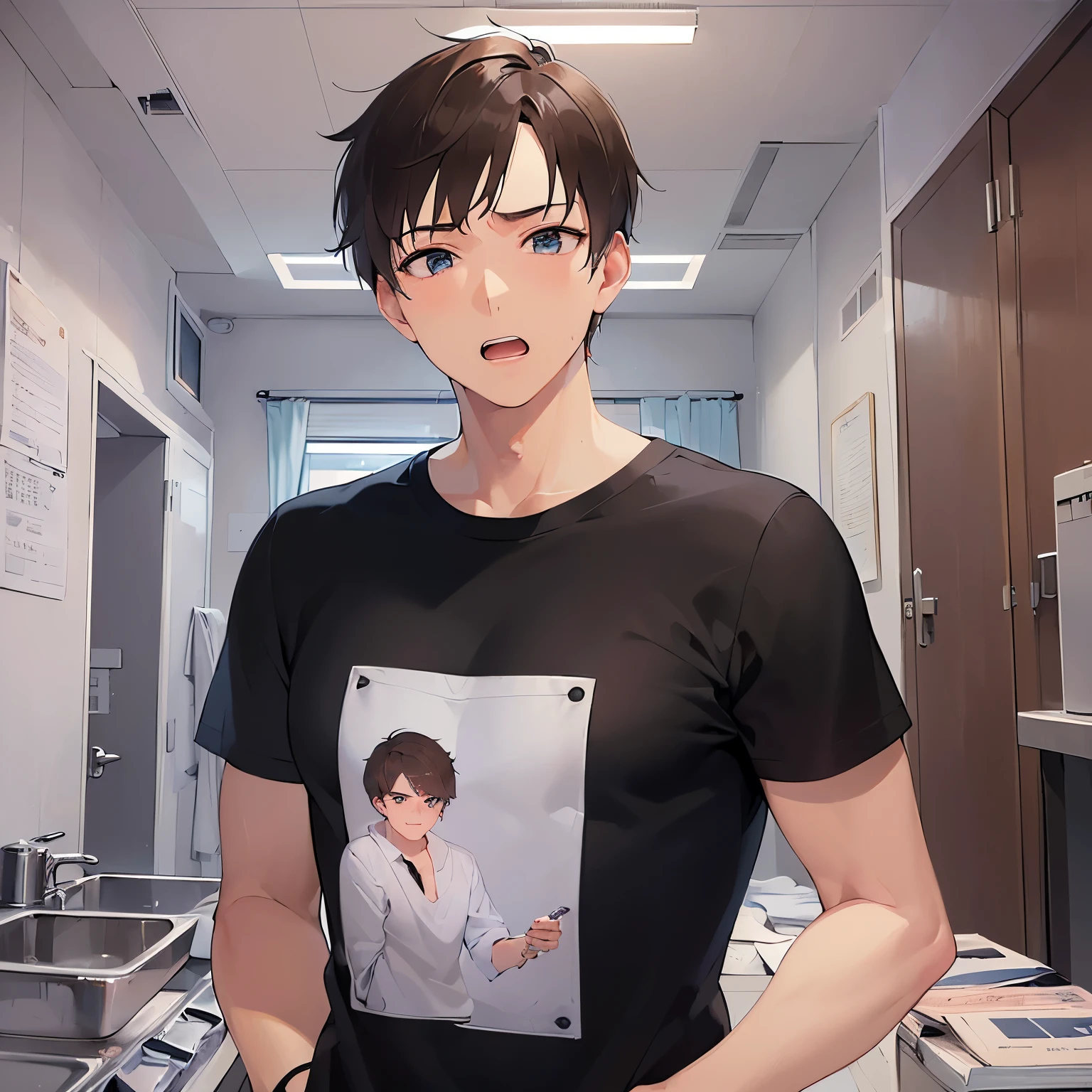 holding a bra, masterpiece、high quality、(25 year old man with short brown hair and blue eyes:1.5), wearing a black T-shirt、(Alone:1.5)、(surprised:1.3), (Only the upper body is visible.:1.3)、Being in the washroom、Are standing、bold composition