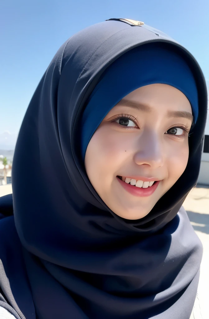 Wear hijab blue collor, ((Best quality, 8k, Masterpiece :1.37)), position:sitting, face looking at the camera holding a smart phone, ( women in hijab), women in hijab blue, style model, ( women in hijab), beautiful face, Beautiful detailed eyes, Korean eyes, nose detail, Natural Lips, 18 year old girl, black hair, very detailed face, ultra detailed body, slim body, detailed big breasts, detailed hairy vagina, Wearing Muslim hijab , luxurious jubba thobbe, blue sky view, slim body, realistic face, women wearing hijabs, smiling face