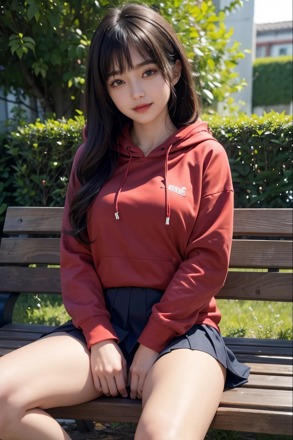 garden、squirt、SLR Camera Photography、cinematic lighting、garden、bench、wearing a skirt under the hoodie、(Red Hoodie:1.4)、(navy pleated skirt:1.4)、(spreading her legs for the camera:1.5)、(open legs:1.5)、(camera angle from below:1.5)、(Showing off the inside of her skirt to the camera)、(I can see my pants:1.2)、((No makeup、looking at camera:1.2))、(realistic、Photoreal、super detailed、best detailed skins、highest quality、masterpiece、Super high resolution)、cute japanese woman、、high school girl、young girl、1 girl、have bangs、double eyelid、purity、double teeth、realistic肌タイプ、fluffy hair、red cheeks、(black hair)、bright atmosphere、8K RAW photo、High resolution、(very big round breasts:1.2)、beautiful eyes、detailed eyes、drawn in detail、long eyelashes、美しいdouble eyelid、beautiful and very thin legs、(Beautiful and very thin thighs),simple necklace、extremely short skirts、Quite embarrassed look、red cheeks、(The morning sun is shining)、hair arrange、blue sky、smile