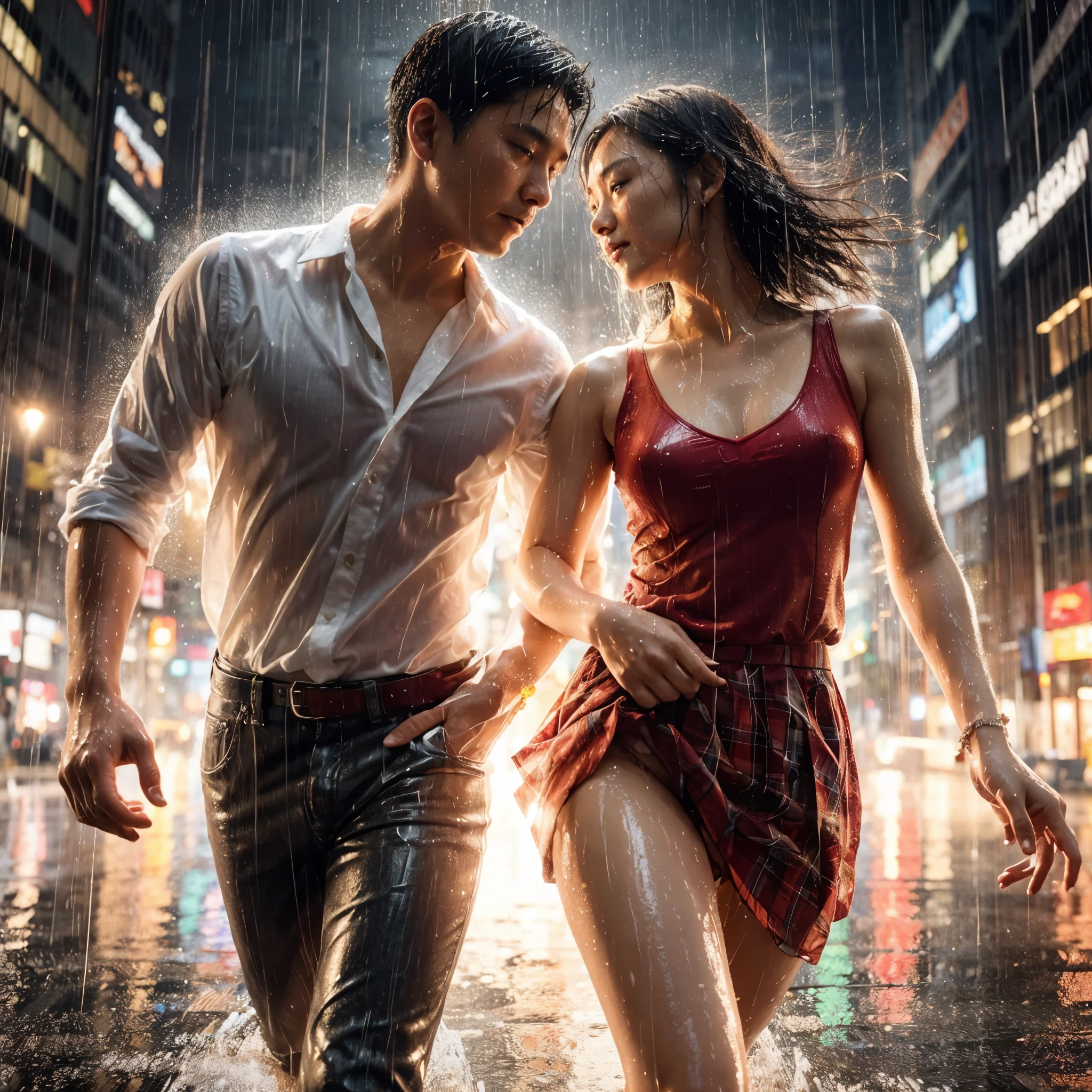 An ultra-realistic, high-detail image,Low Angle (low angle): The city lights are brilliant。a couple,Chinese man(35 years old,wear white shirt),Taiwanese woman(Varied,Wearing a sleeveless shirt, red skirt and high heels)。night,Backlight,天null突然下起了雨,Rain drips from their hair,Clothes and body soaked by rain,penetrate,null。rain splash+reflection,He hugged her waist,Running lightly in the rain facing the camera,(Woman shows off her ankles from her skirt,small tattoos on body,Skin details),They looked at each other and smiled,Enjoy the warmth of this moment。Shallow depth of field,realistic face,Photos of real people,highest resolution,Highest photo definition