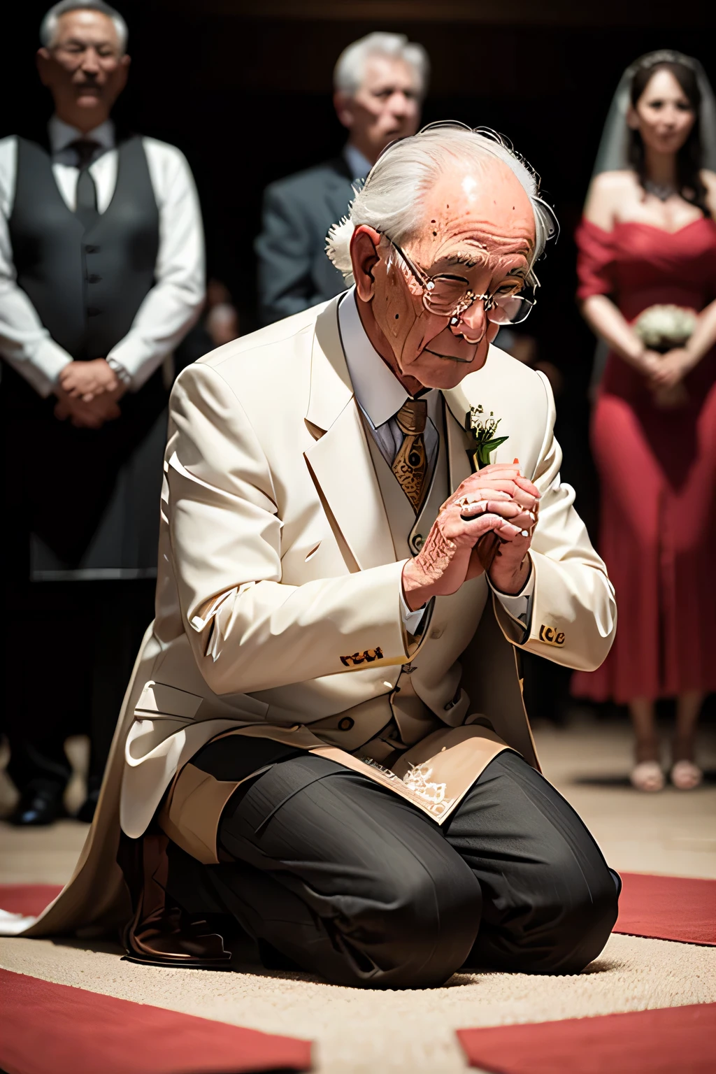 bride's father kneeling at wedding ceremony