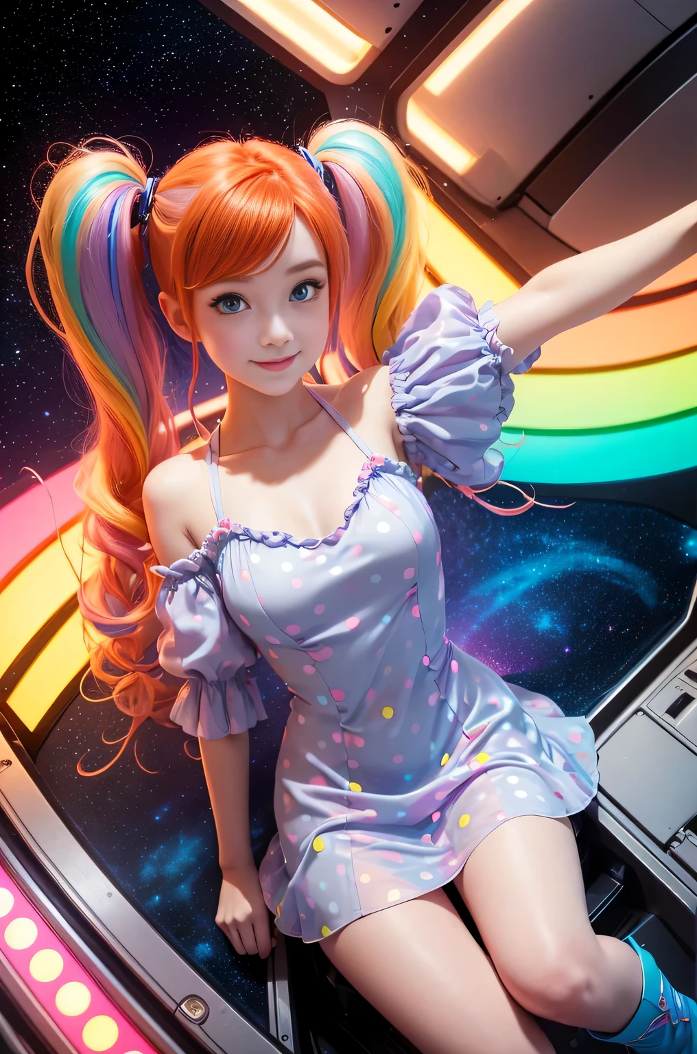 (overhead view) Cute redhead with rainbow colored hair tips, ribbons in her hair, 18-year-old woman, happy, smiling, in twin tails, perfect eyes, clear sparkling blue eyes, pale skin, silky smooth white skin, alabaster skin, flying a fancy metal luxurious space ship, futuristic cockpit, she's a pilot, outer space seen in windows, dark warm lighting, wearing a futuristic party dress, low cut top, pleated (chemise) mini dress (pastel rainbow colors, and polka dots), puffy sleeves, silk, pantyhose, cute short cut booties, boots.