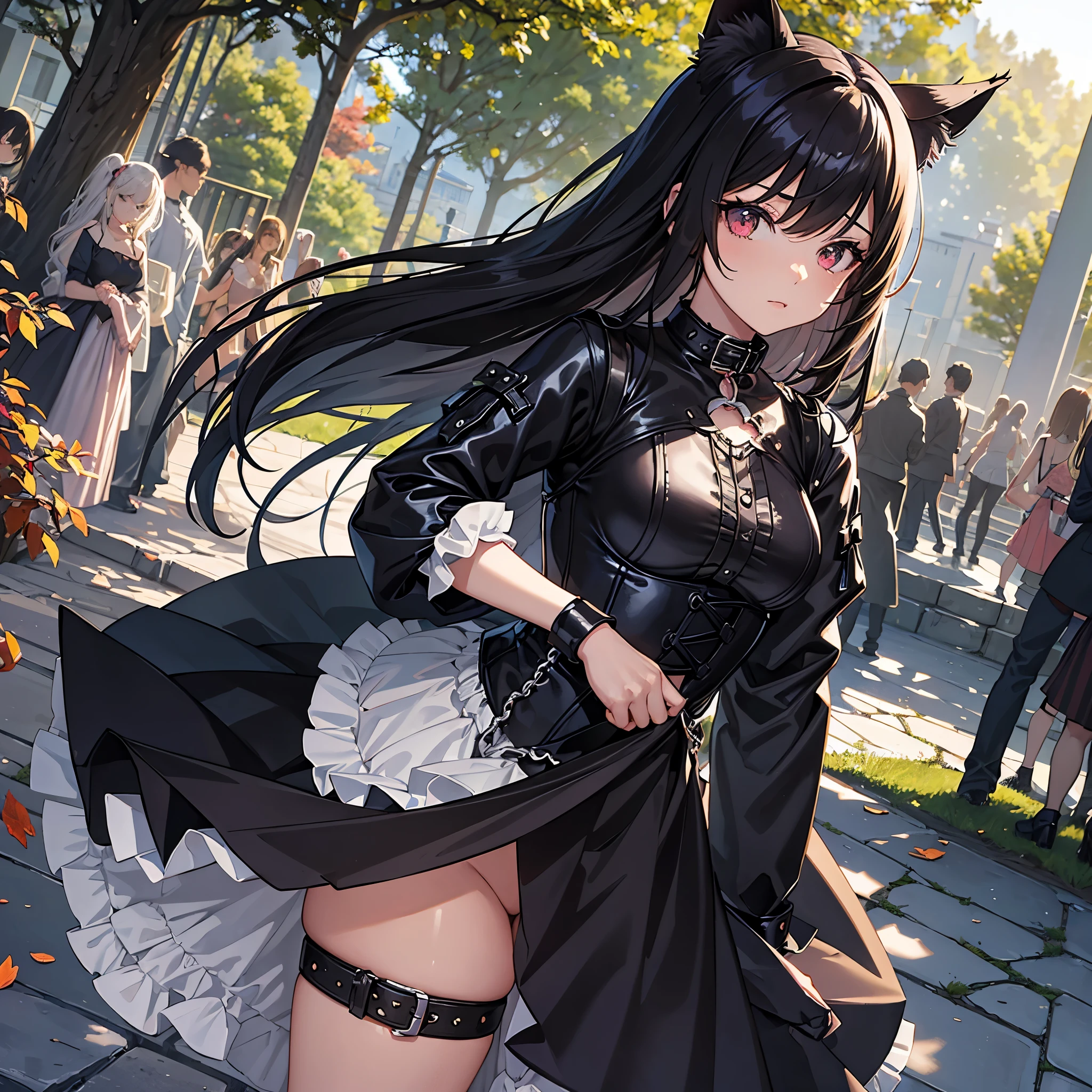 A female figure with gothic style, muslos grandes y tonificados, blusa sin mangas, wearing a collar of submission, cadenas, atada , cabello mediano y rojo, and dressed in short latex clothing and a corset. Besides, lleva handcuffs que sugieren una postura sumisa. This figure is adorned with original cat ears, and has medium-sized physical attributes. The scene takes place in a park during the fall., with trees with pink leaves that provide a unique atmosphere. The figure is alone in this scene