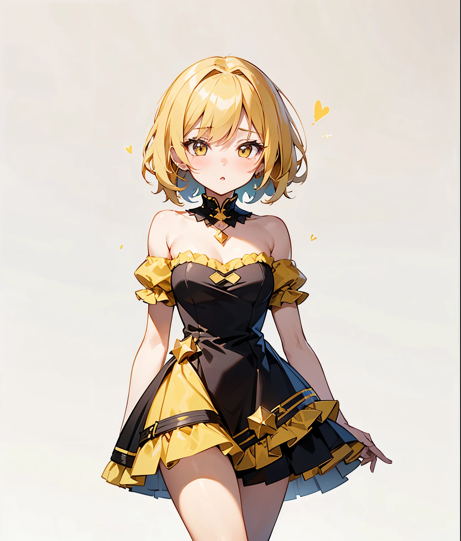 Anime girl with (short, blonde hair) and (golden eyes), wearing a (short black dress) with (yellow puffy sleeves), bare shoulders, blushing and playful, blowing a kiss; (((Best quality))) master piece vector illustration; anime character in sharp focus; detailed and vibrant anime face;  character design; beautiful and vibrant digital art, hyperdetailed; overexaggerated features; Dynamic Lighting; Volumetric Lighting in 8k, Ultra Sharp Focus; intricate Artwork Masterpiece