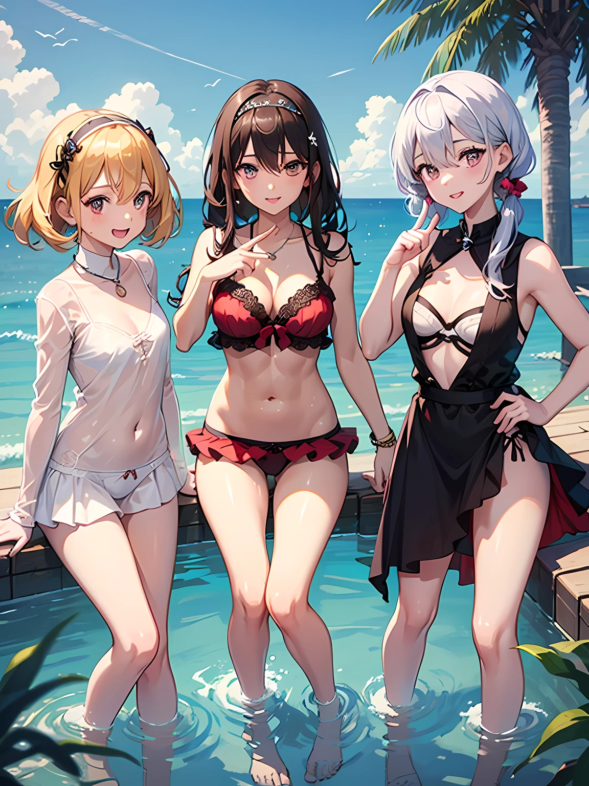 ((highest quality)), ((masterpiece)), (pretty girl), (3 girls:1.3), cute three girls are posing for a camera outdoors in the water, shirtをつかむ, stand side by side, (Close-up shot from the knee:1.3), perfect face, smile, (open your mouth and smile:1.3), embarrassed look, (precise fingers:1.3), hair band, head band, hair bobble, blouse, shirt, I can see your underwear, (pastel colored underwear), high resolution eyes, accurate eye, (high resolution eyes:1.8), (High definition finger 1.8), light smile, small chest, chest, realistic, 4years old, , 6 years oldld, knee sockirt, Asian, blue eyes, silver hair, brown hair, blonde, belly button, jewelry, looking at the viewer, necklace, water, , Wet, long hair, short hair, abs,