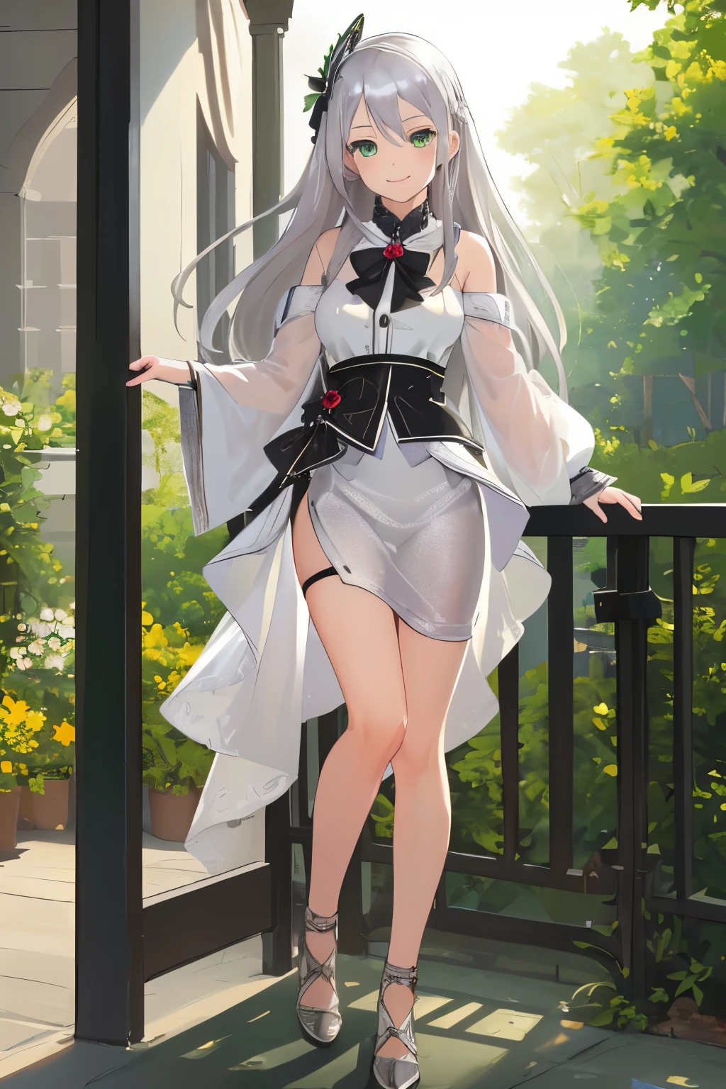 ultra-detailed, ((Masterpiece)), top-quality, Top image quality, ((((solo)))), ((((silver hair)))), long hair, Beautiful green eyes, dye one's cheeks red, smile, teens girl, , cute, 8k, fullbody