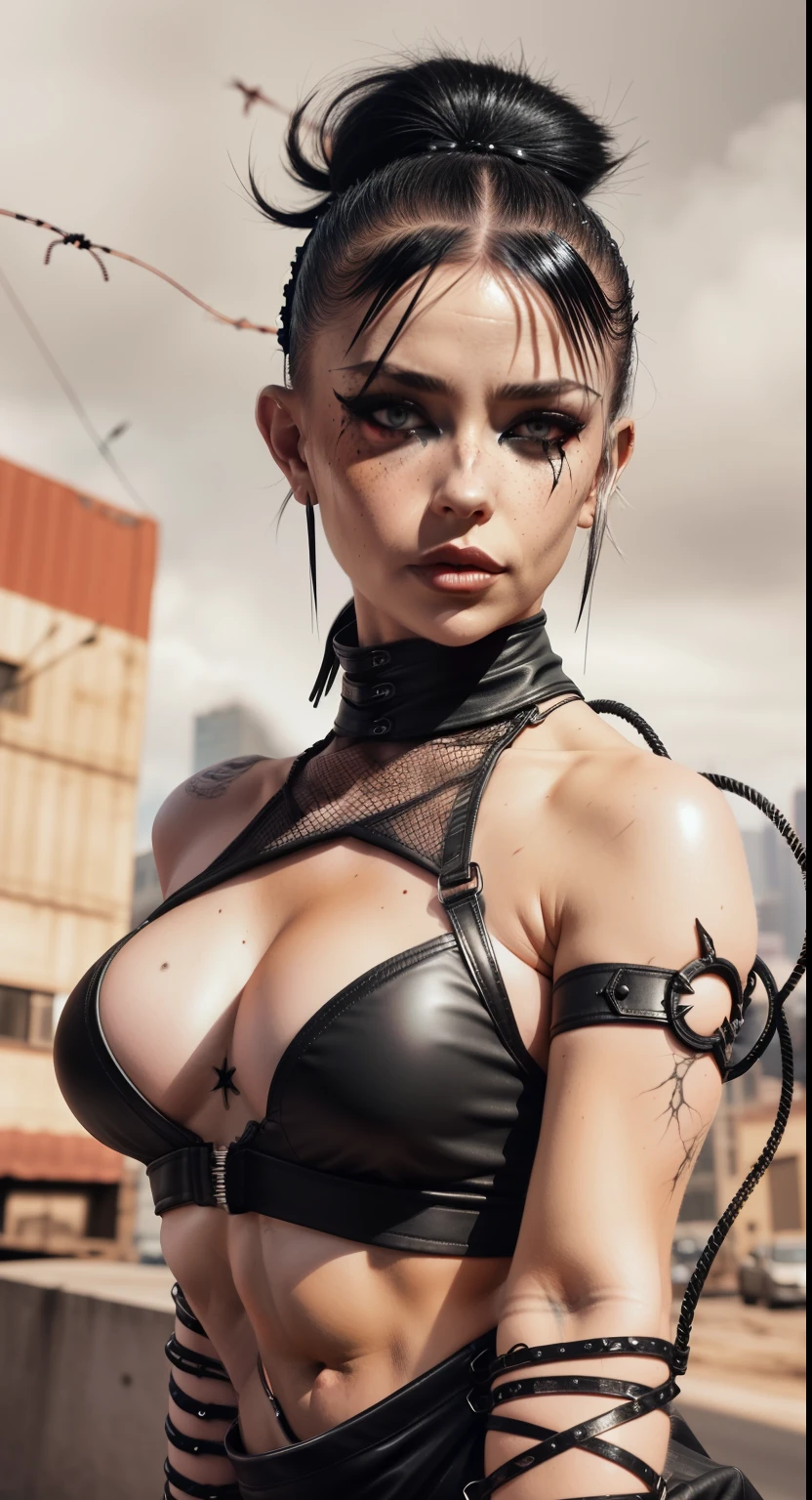 Post-apocalyptic sexy female (Emmanorts) warrior in shirt and black fishnets, with some barbed wires around her leg thigh, scantily clad, cyberpunk model wearing black leather, black dress, black skintight and skintight crop top, ((exposed midriff)), freckles, trending on instagram, style realistic photography