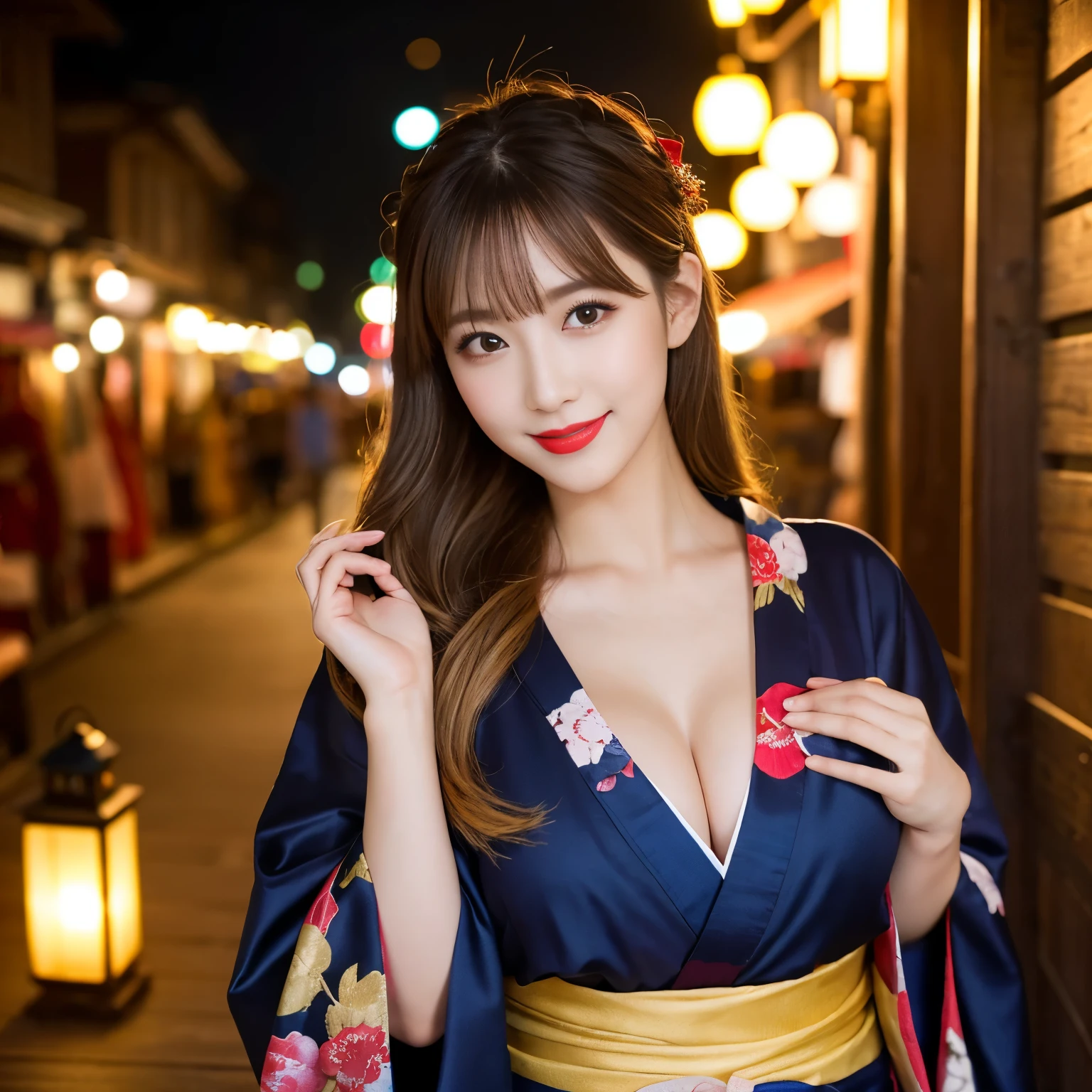 ((highest quality、table top、8K、best image quality、very intricate and detailed details))、1 beauty、red and gold courtesan costume、The most gorgeous and gorgeous courtesan furisode、Gorgeous courtesan kimono、luxurious hairpin、(blonde、beautiful blonde、Tastefully put together hair、Bright color contacts)、The background is the entertainment district、You Guo、Custom Street、smile at the camera、Photo from the waist up、elegant posture、Elegant and noble、Recreating the perfect red light district details、1 photo、perfect anatomy、perfect fingers、Night Sex District、night excursion、midnight、Cloudy、lantern light、red lipstick、long eyelashes、perfect makeup、dark night、naked and wearing only a kimono、detailed face