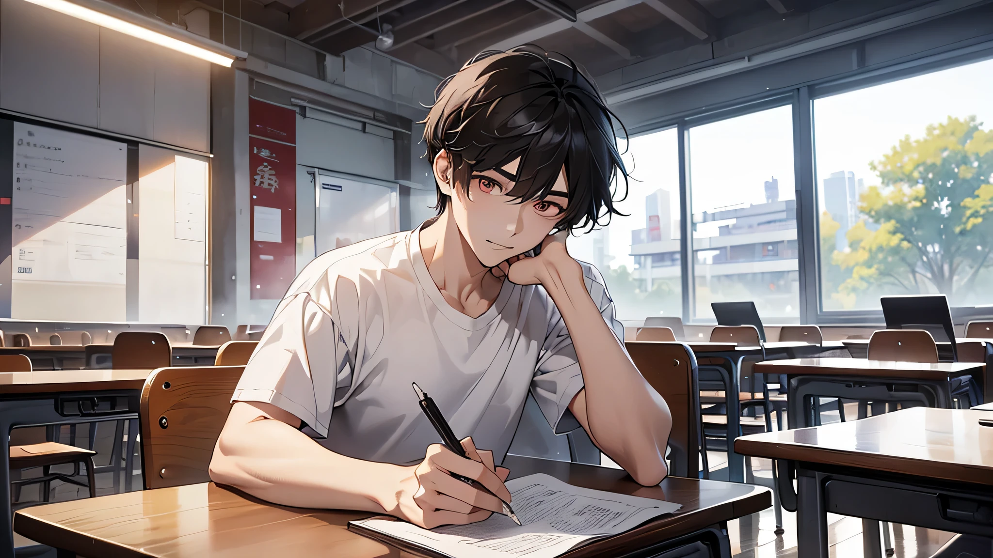 A man is sitting in the classroom, boy, male classmate, in the campus classroom, this male classmate is wearing a white T-shirt, short black hair, holding a pen in his hand, there are test papers, there are books, the lens is mainly featured on the upper body, in the Loepfe art style ((Xinhai City), popular in CGStation, Xinhaicheng H 2160, inspired by Bian Shoumin, Xinhaicheng, Kavasi, Guvitz style, high-quality pictures, 4K, 8K, resolution,