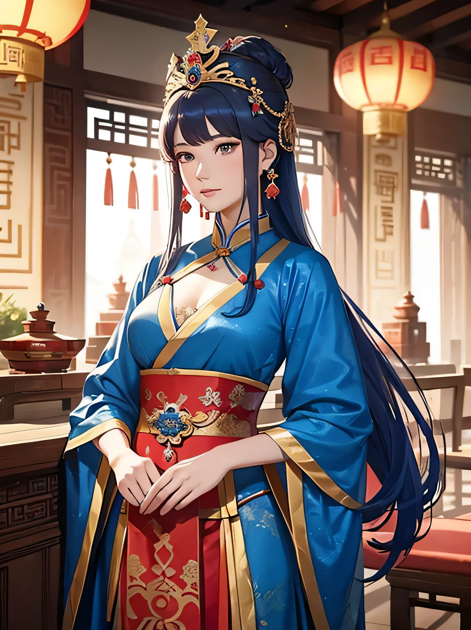 a close up of a woman in a blue dress with a red and gold headpiece, a beautiful fantasy empress, ((a beautiful fantasy empress)), chinese empress, ancient chinese princess, chinese princess, palace , a girl in hanfu, beautiful render of tang dynasty, ancient chinese goddess, ancient asian dynasty princess, queen of the sea mu yanling, inspired by Lan Ying