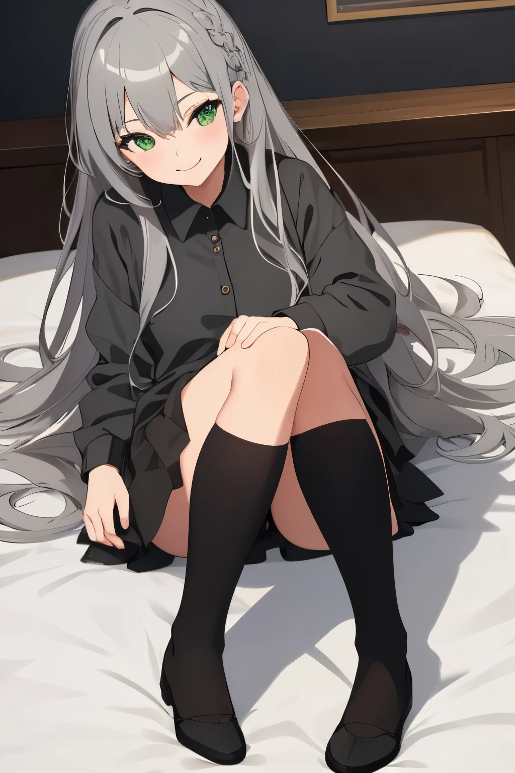 Anime girl sitting on a bed with long gray hair - SeaArt AI