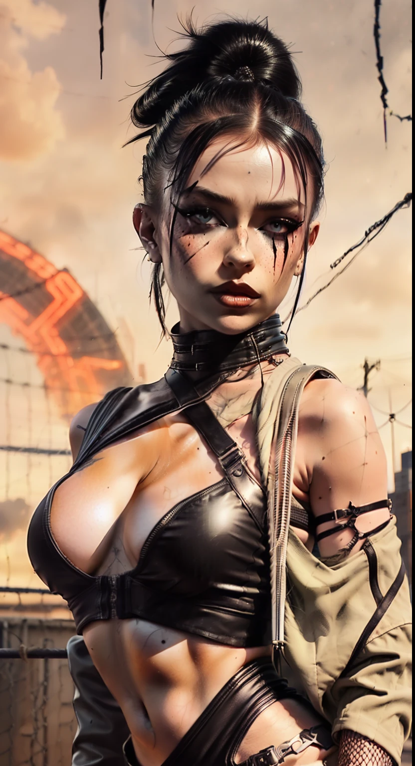 Post-apocalyptic sexy female (Emmanorts) warrior in shirt and black fishnets, with some barbed wires around her leg thigh, scantily clad, cyberpunk model wearing black leather, black dress, black skintight and skintight crop top, ((exposed midriff)), freckles, trending on instagram, style realistic photography