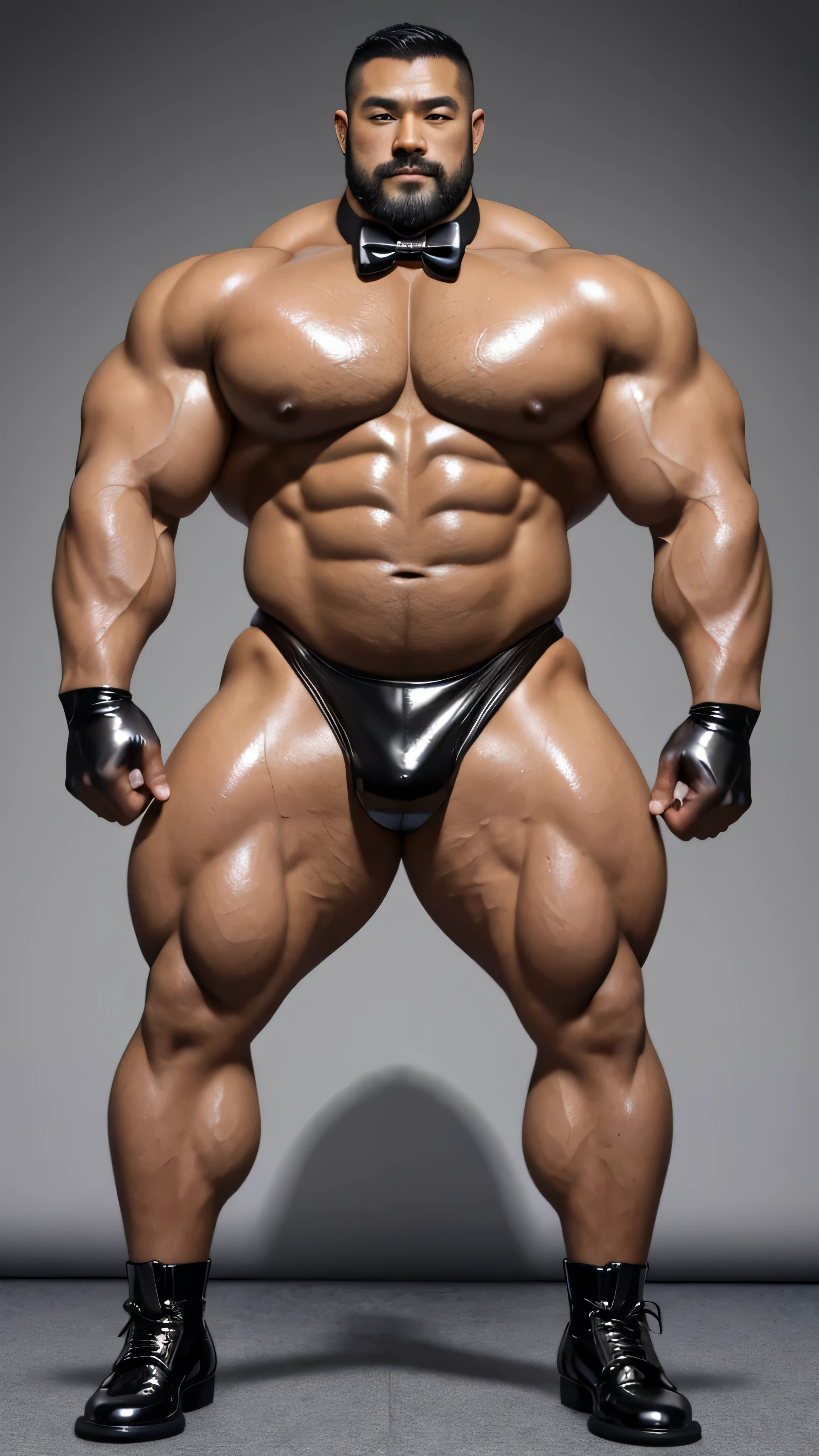 There is only one person in the picture，a chinese bodybuilder，35 years old，High, Strong and handsome，standing in front of gray background board，Paired with glossy black leather bow tie，short hair, O-shaped beard，Perfect body, Dark and shiny complexion，Muscle bulge, muscular, Very big pecs，Very sexy abs，Leg muscles are very developed，High and burly，Huge bumpy area，Brighten oily skin，Black leather shiny leather gloves, Wearing a gold leather shiny thong, Wear black leather shoes to shine，handsome face，detailed facial features, Correct and accurate male anatomy, full-body shot, Large pecs, Wet oil wax gloss for oily muscles and skin，Professional photography。