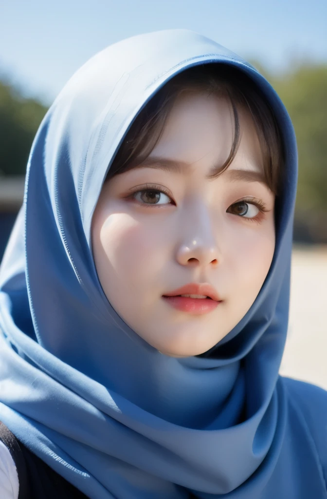 Wear hijab blue collor, ((Best quality, 8k, Masterpiece :1.37)), position:sitting, face looking at the camera holding a smart phone, ( women in hijab), women in hijab blue, style model, ( women in hijab), beautiful face, Beautiful detailed eyes, Korean eyes, nose detail, Natural Lips, 18 year old girl, black hair, very detailed face, ultra detailed body, slim body, detailed big breasts, detailed hairy vagina, Wearing Muslim hijab , luxurious jubba thobbe, blue sky view, slim body, realistic face, women wearing hijabs, smiling face